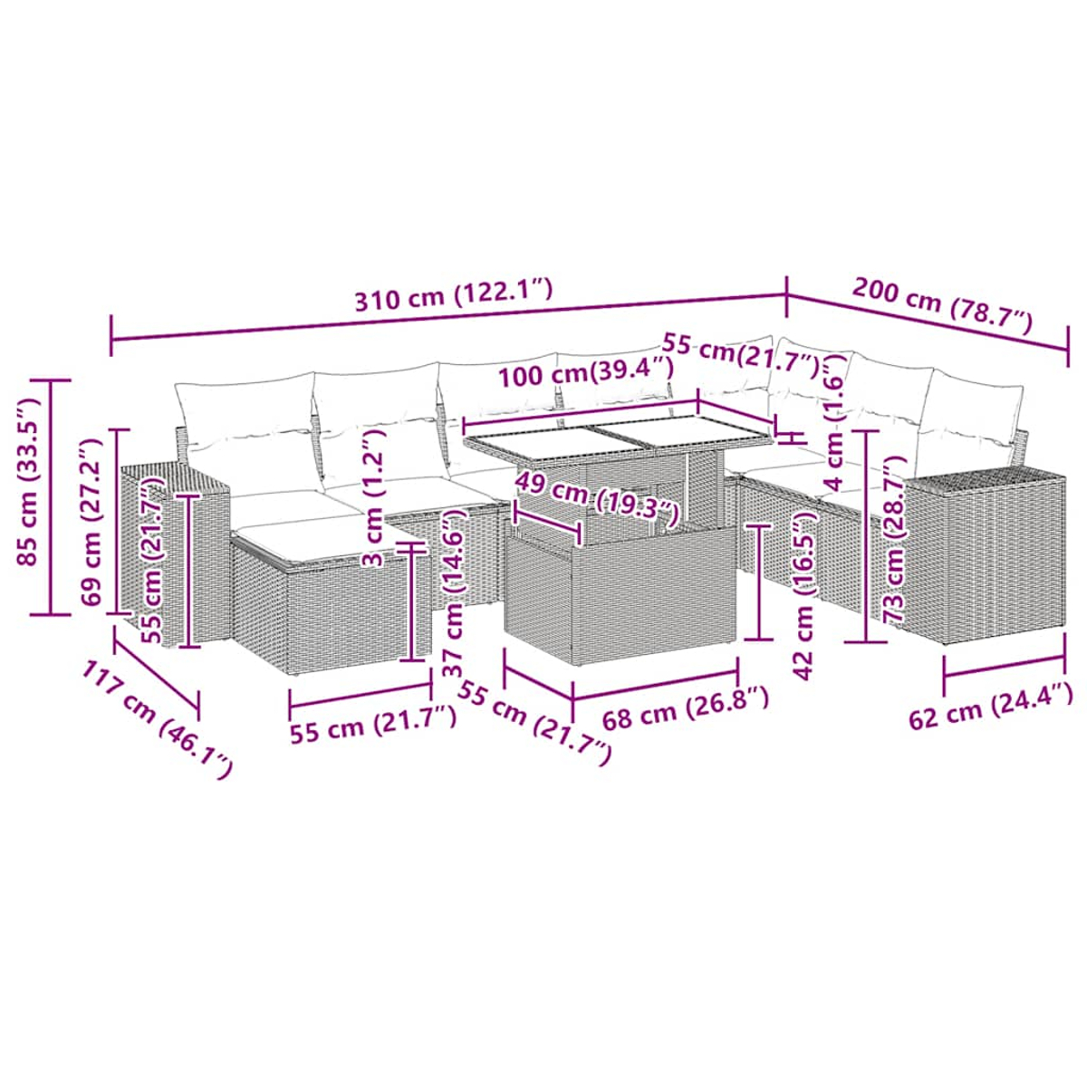 Set di mobili da esterno con dimensioni in cm e pollici. Include divano, tavolo e sedute singole.