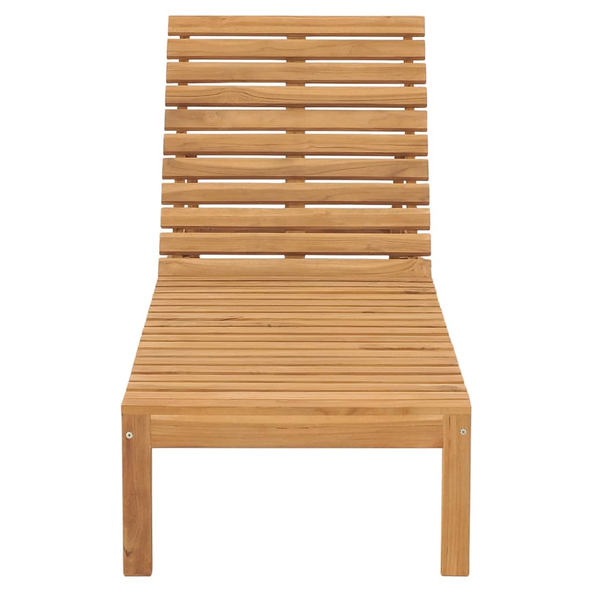 Eine Holz-Chaiselongue. Sie hat horizontale Lamellen für Sitz und Rückenlehne sowie vier Beine. Der Hintergrund ist weiß.