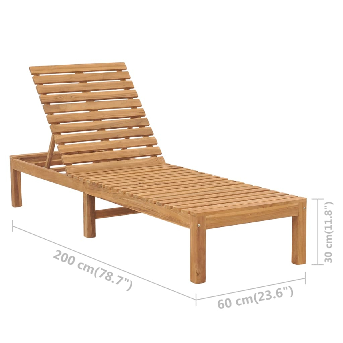Eine Sonnenliege aus Holz wird gezeigt. Sie hat eine Lattenlehne und -sitzfläche. Abmessungen sind beschriftet: 200 cm (78,7"), 60 cm (23,6"), 30 cm (11,8").