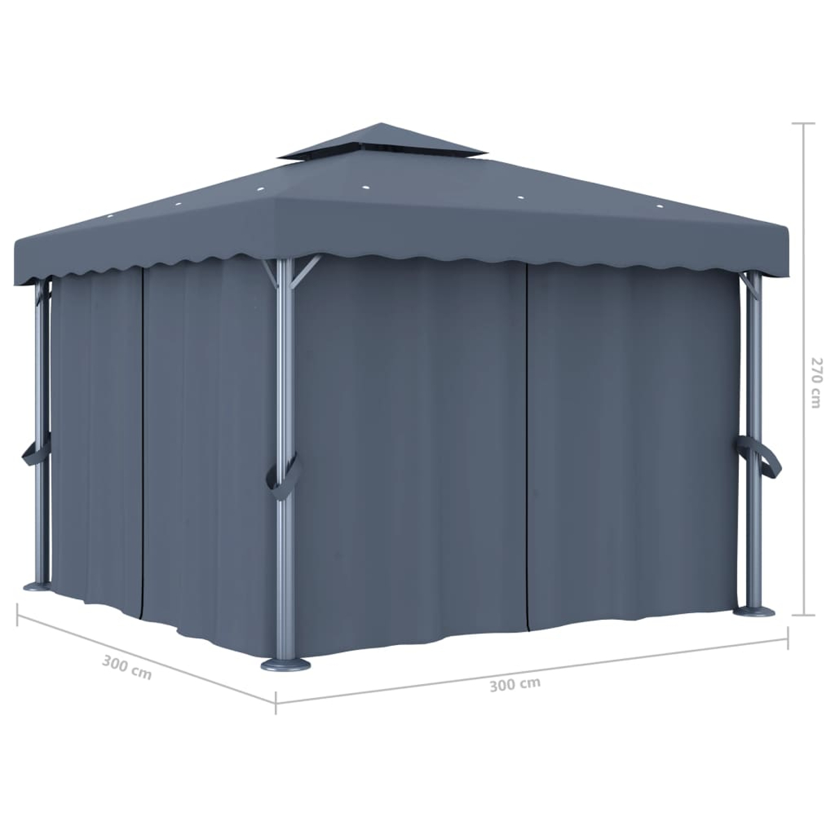 Grauer Pavillon mit Vorhängen und einem Spitzdach. Abmessungen: 300x300x270 cm.