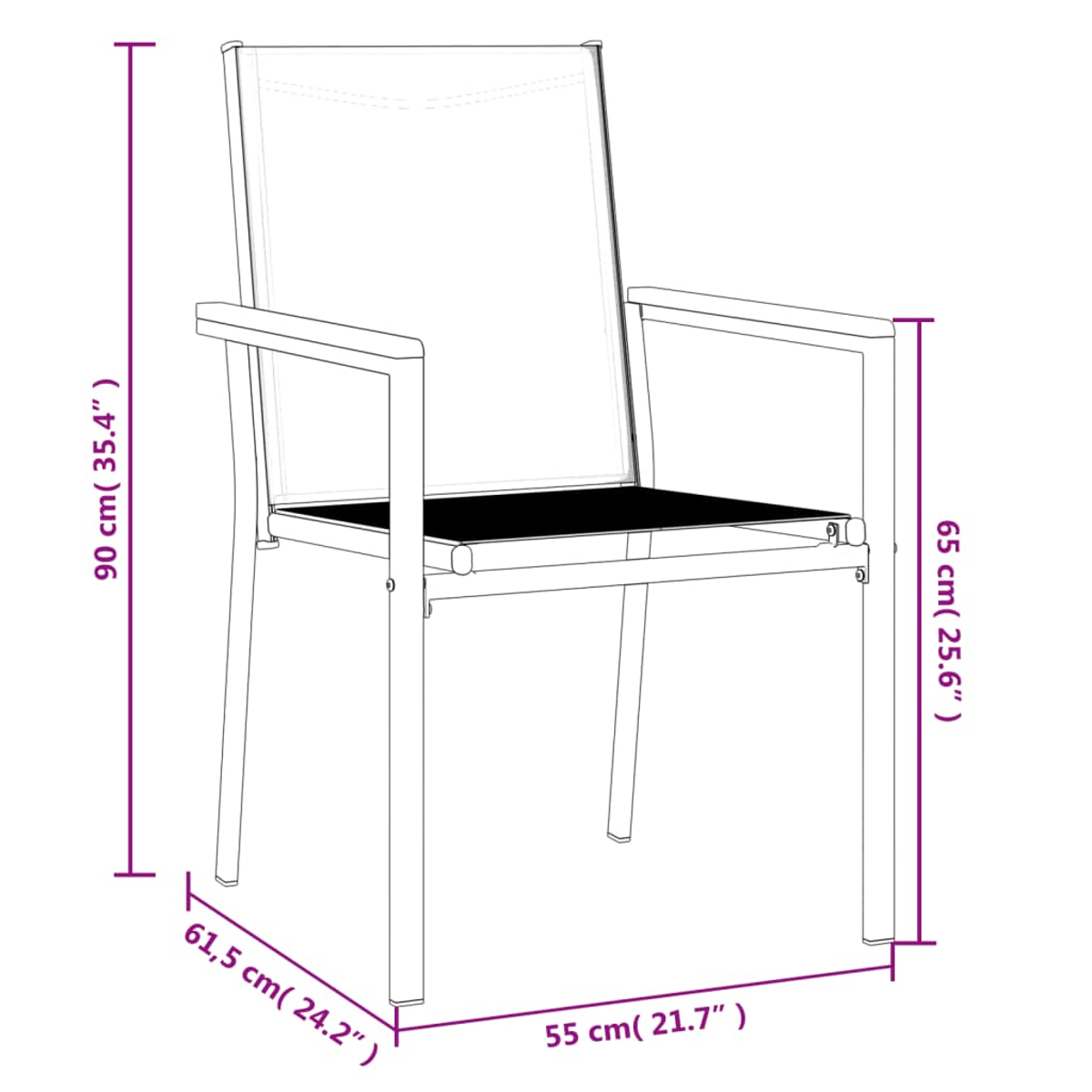 Ein Stuhl mit den Maßen: 90 cm hoch, 65 cm hoch, 61,5 cm breit und 55 cm breit.
