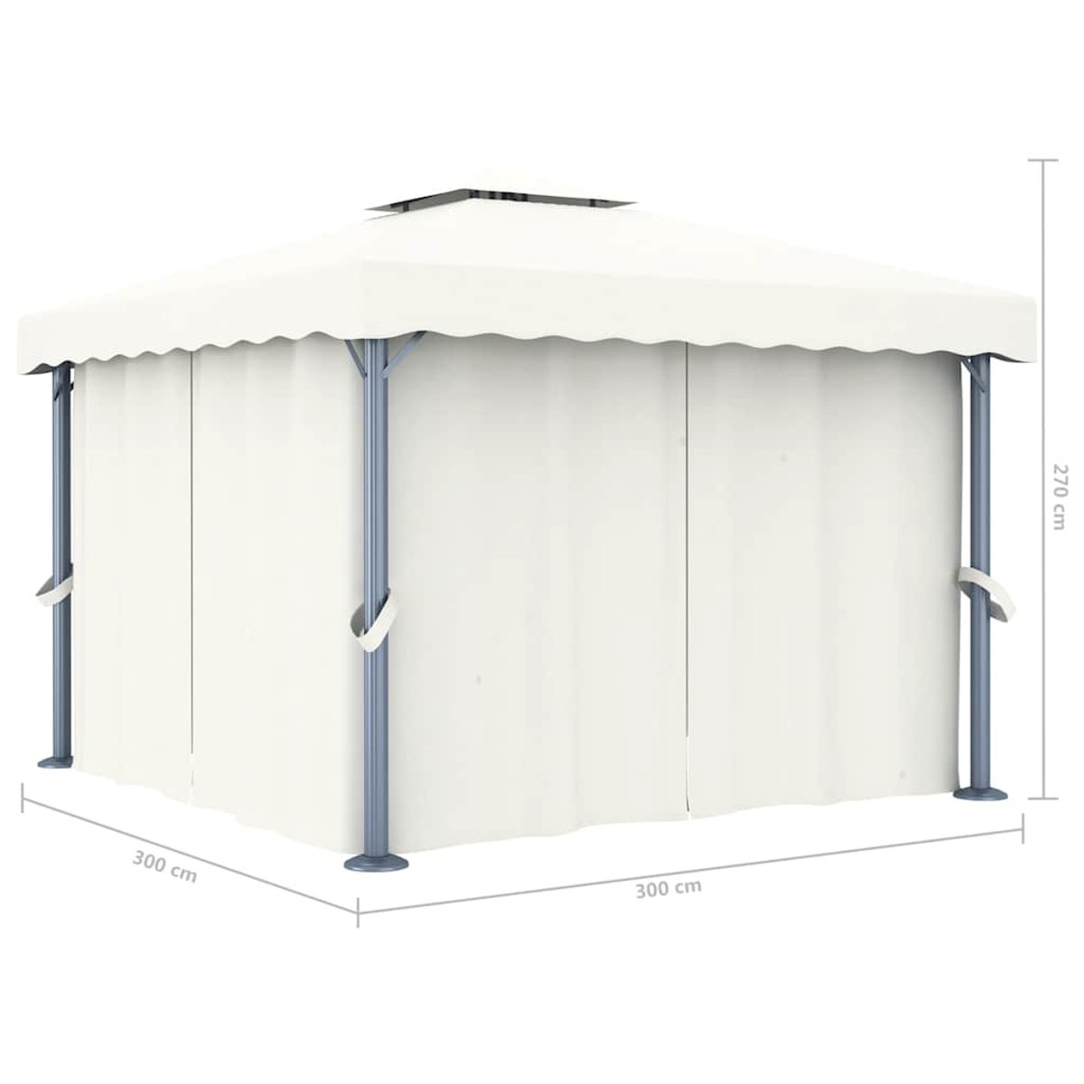 Weißer Pavillon mit Vorhängen. Er hat eine quadratische Form und die Abmessungen betragen 300x300x270 cm. Metallstruktur und weißer Stoff.