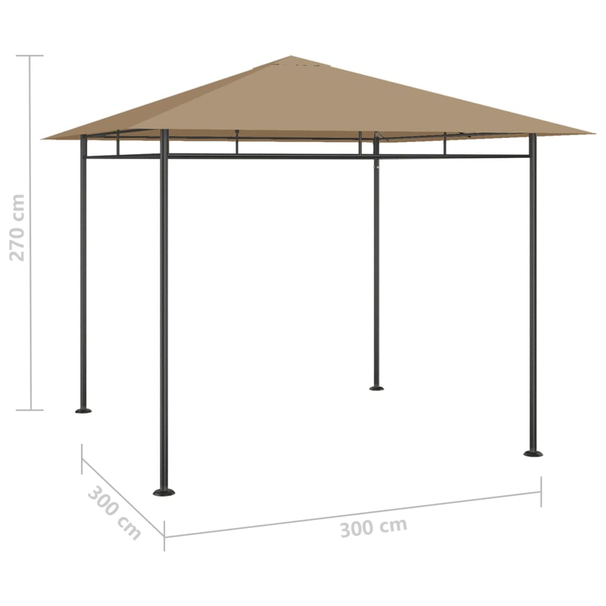 Beige Pavillon mit schwarzem Rahmen. Maße: 270 cm Höhe, 300 cm x 300 cm Grundfläche.