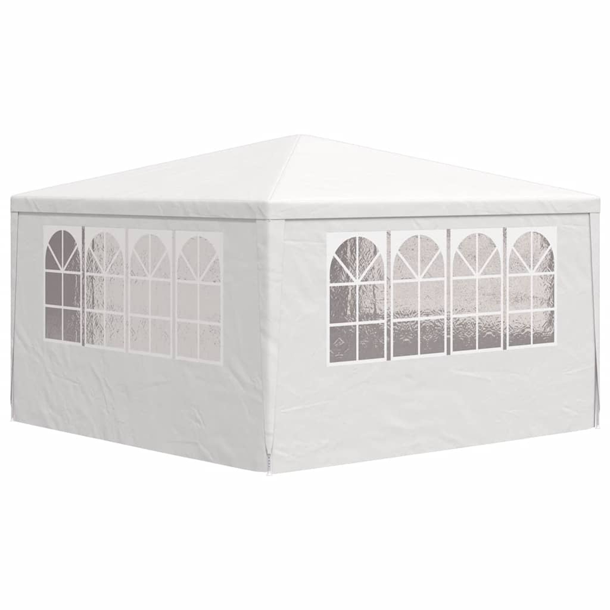 Un gazebo bianco con finestre ad arco. Ha una forma quadrata con tetto a capanna. Le finestre hanno un motivo a griglia.