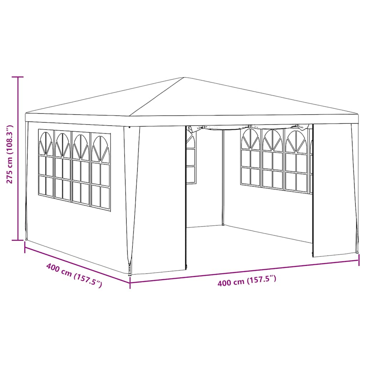 Disegno a tratteggio di un gazebo bianco con finestre e tende. Le dimensioni sono indicate in cm e pollici.
