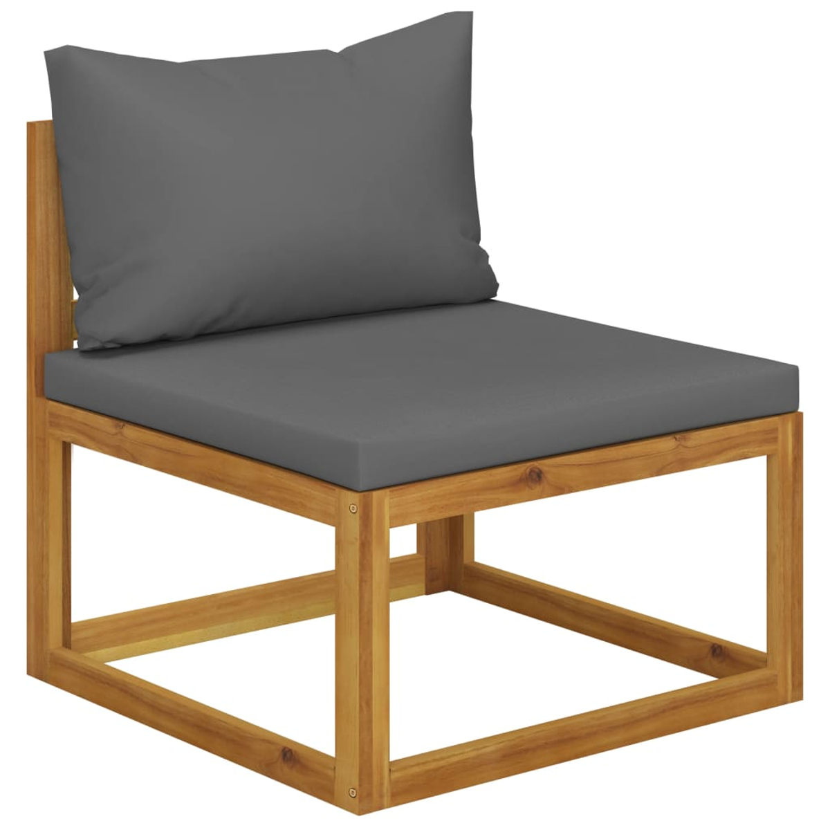 Ein Holzstuhl mit grauem Kissen und Rückenkissen. Der Stuhl ist quadratisch und das Holz hat eine natürliche Farbe.