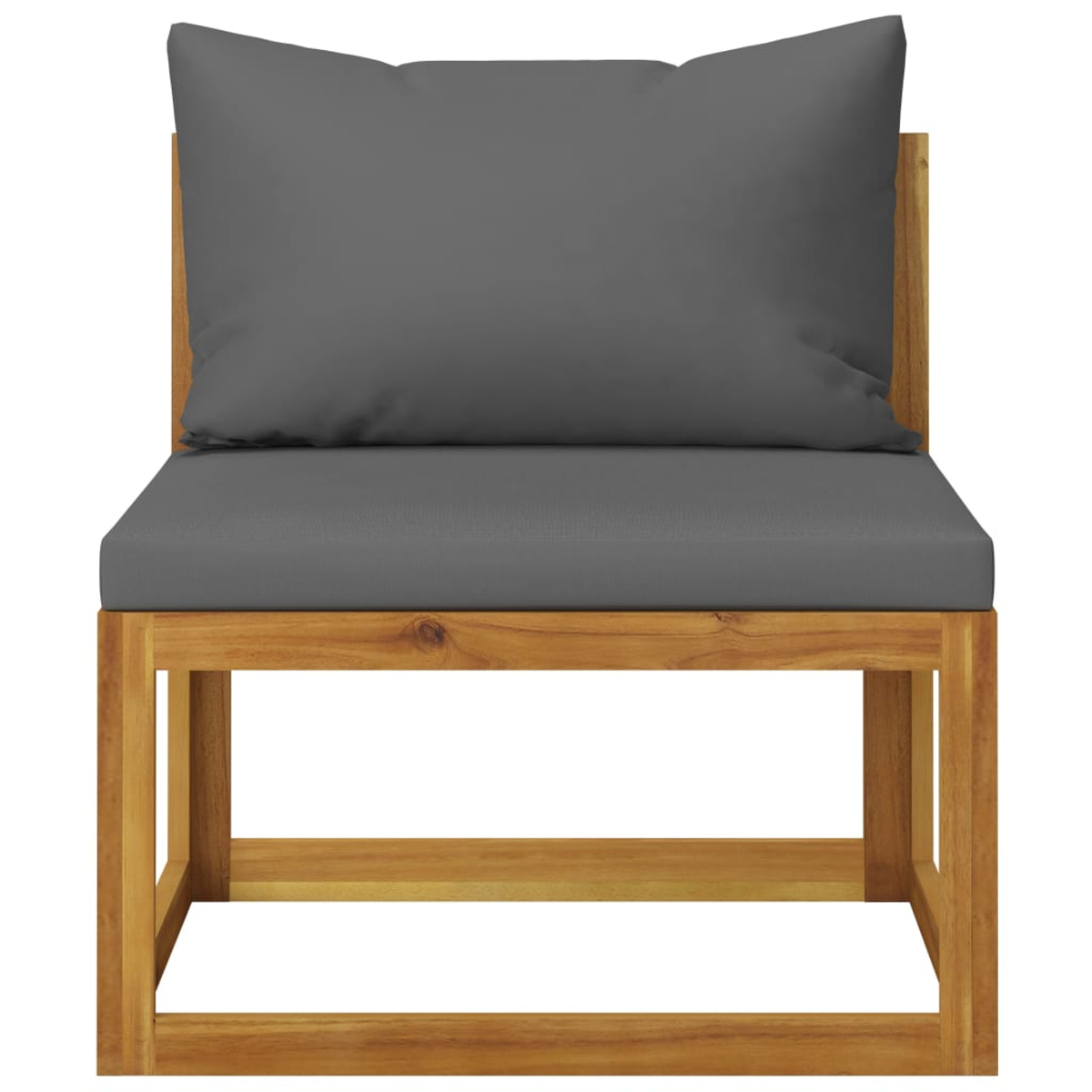 Holzstuhl mit grauem Kissen und Kissen. Der Stuhl hat ein einfaches Design mit quadratischem Sitz und Rücken.