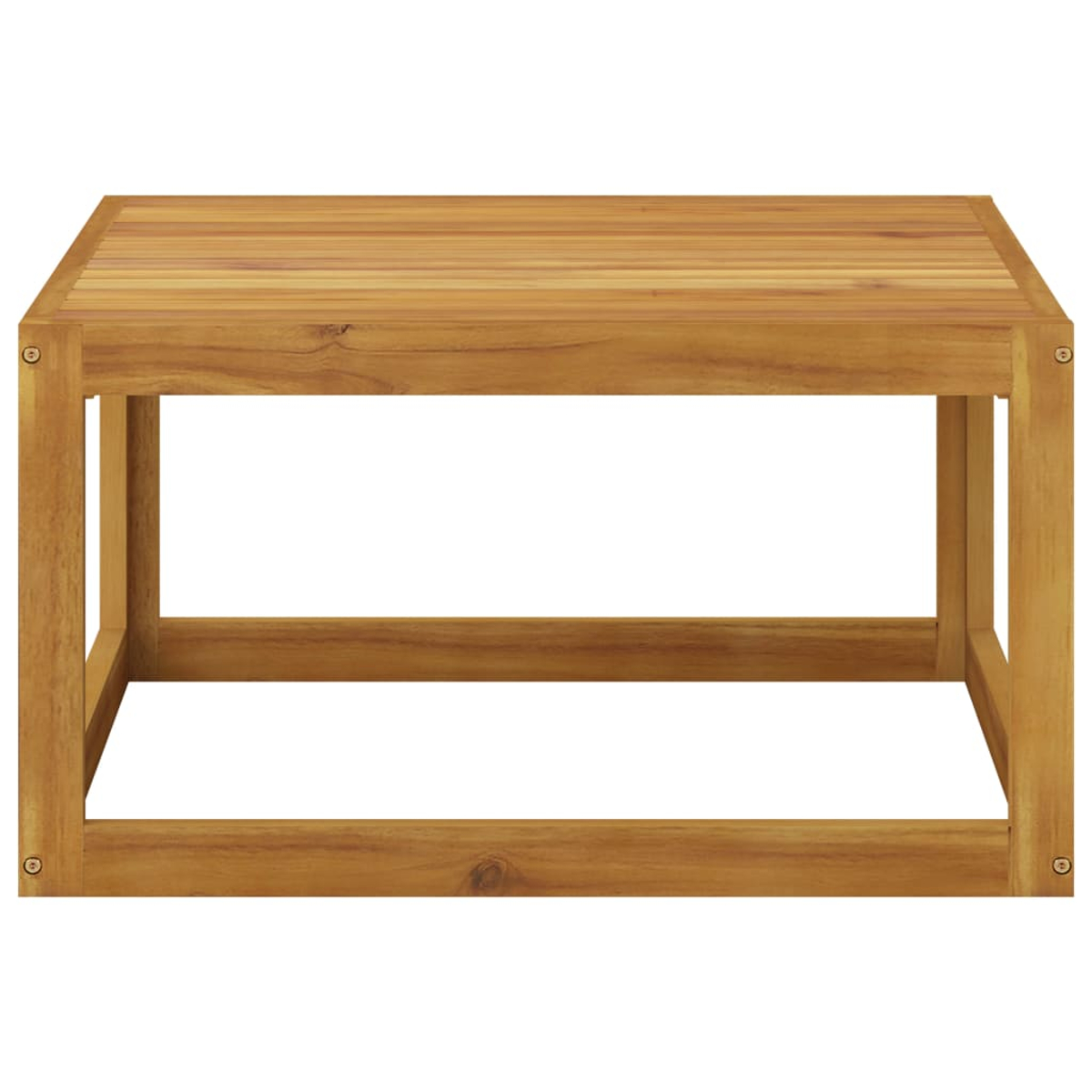 Ein rechteckiger Couchtisch aus Holz. Er hat eine Lattenoberseite und ein unteres Regal. Die Beine sind ebenfalls aus Holz.