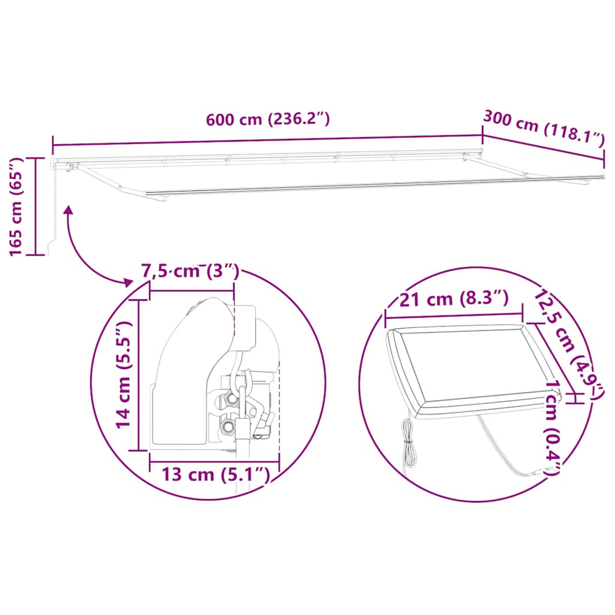 Schema di una tenda da sole con dimensioni in cm e pollici. Dettagli su telaio, meccanismo e pannello luminoso.