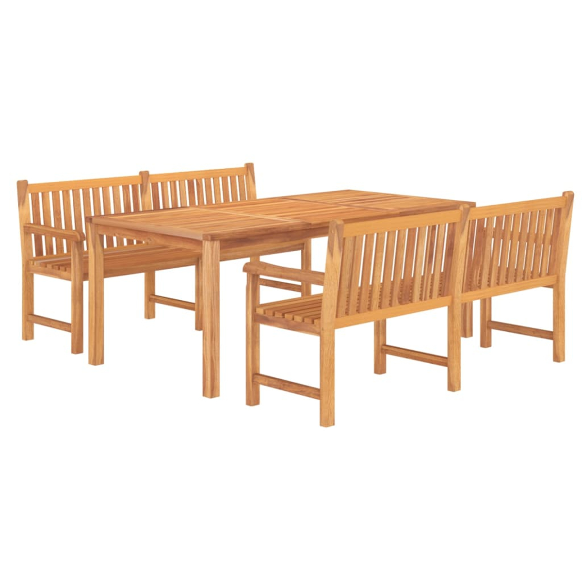 Ein hölzernes Ess-Set für den Außenbereich mit einem Tisch und Bänken. Das Set besteht aus hellbraunem Holz und steht vor weißem Hintergrund.
