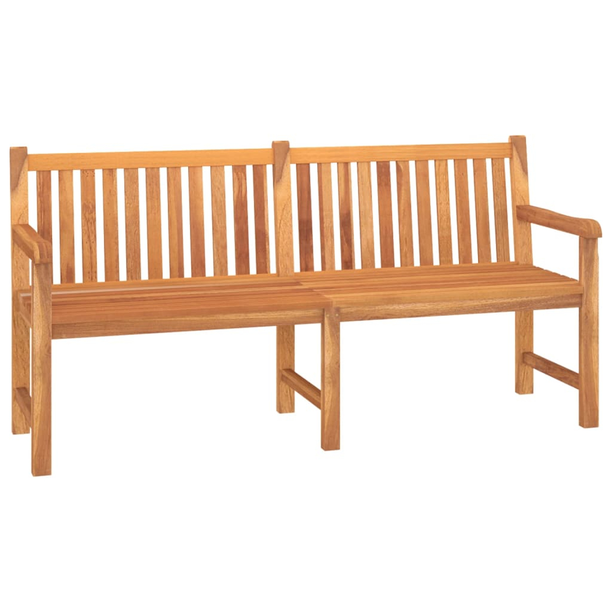 Eine Holzbank mit Armlehnen. Sie hat eine Lattenlehne und -sitzfläche. Das Holz ist hellbraun.