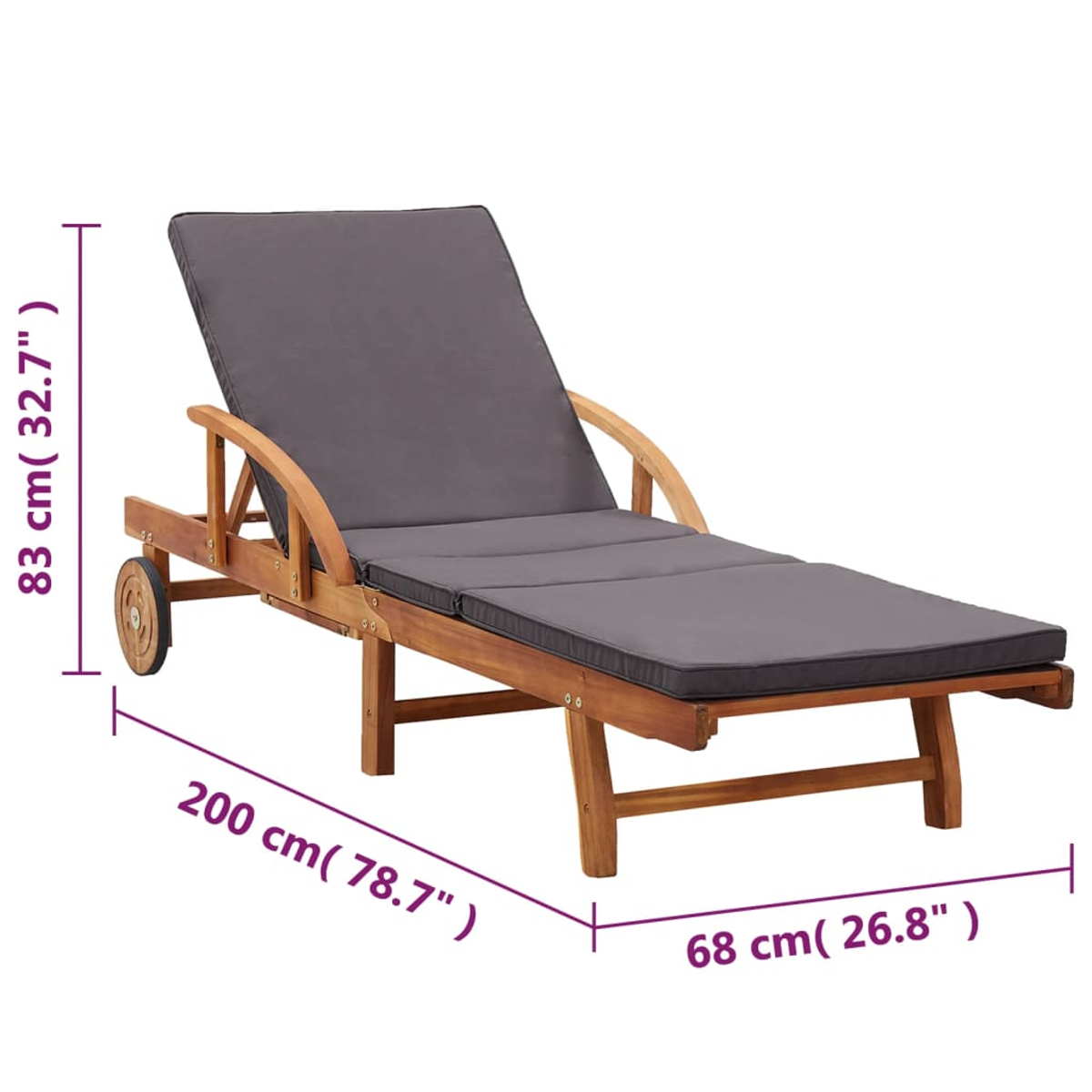 Holz-Chaiselongue für den Außenbereich mit grauem Kissen. Abmessungen: 200x68x83 cm. Die Chaiselongue hat Räder.