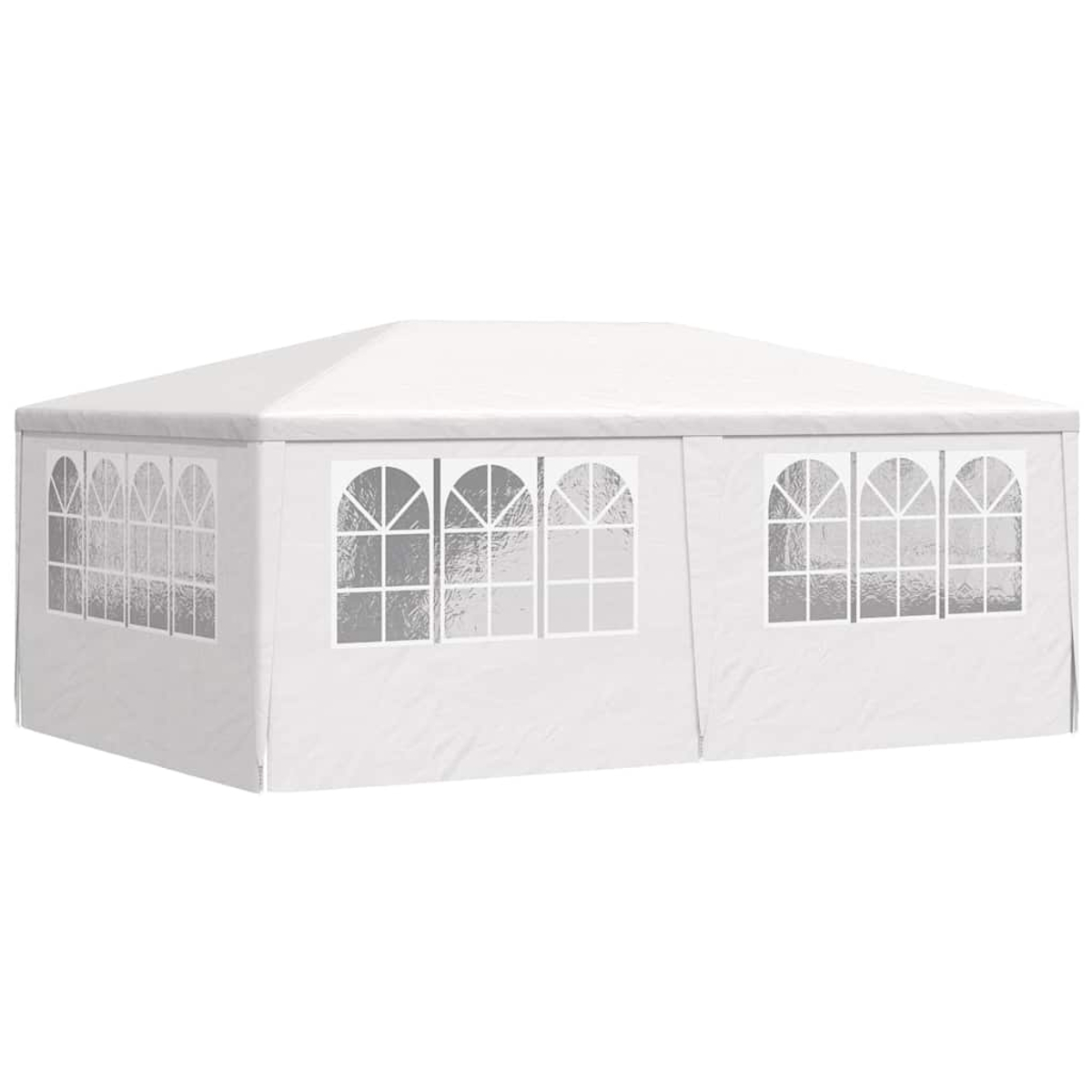 Un gazebo bianco con finestre ad arco. La struttura si erge su uno sfondo bianco, con un tetto bianco.