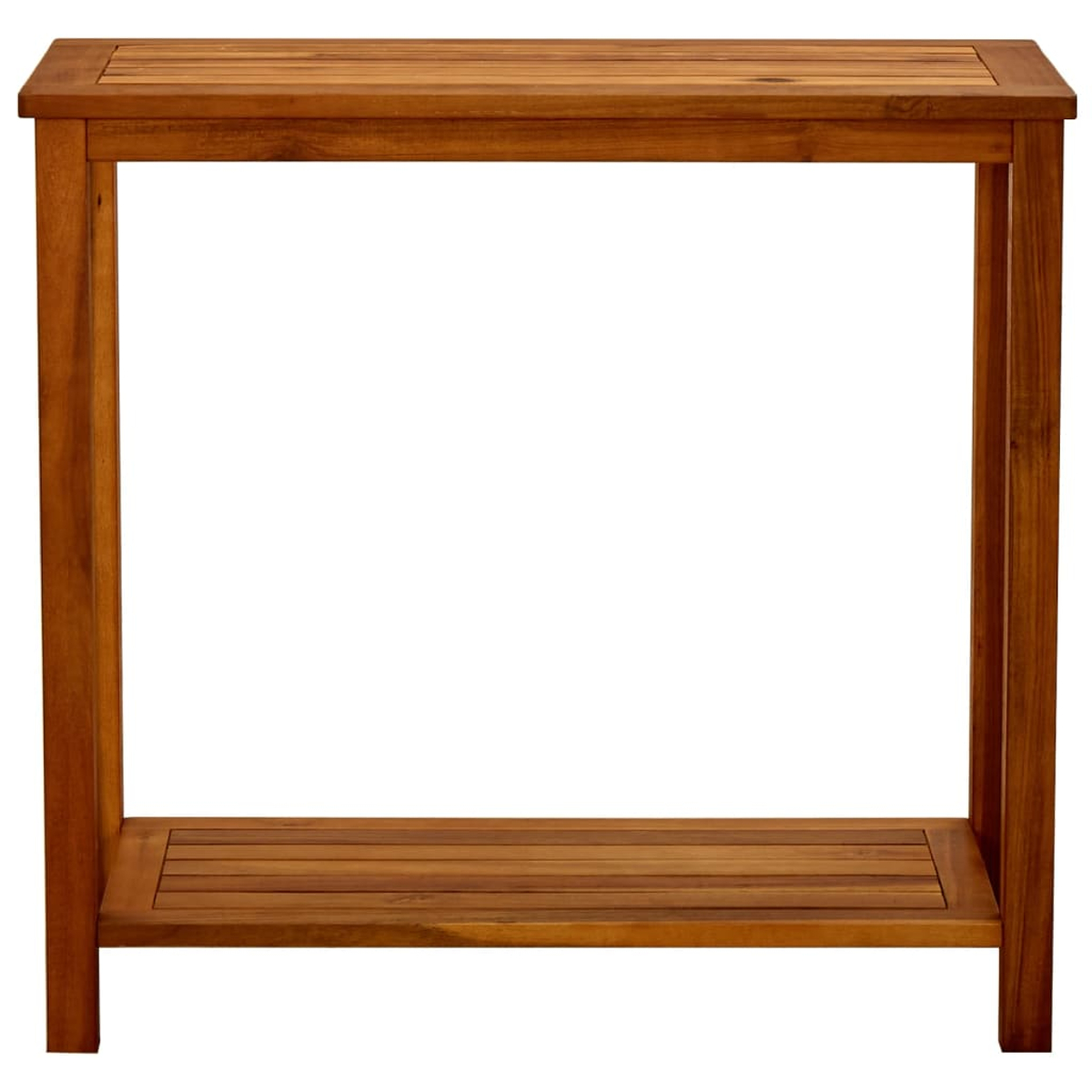 Ein Holztisch mit Regal, braune Farbe, vor weißem Hintergrund. Der Tisch hat eine rechteckige Form.