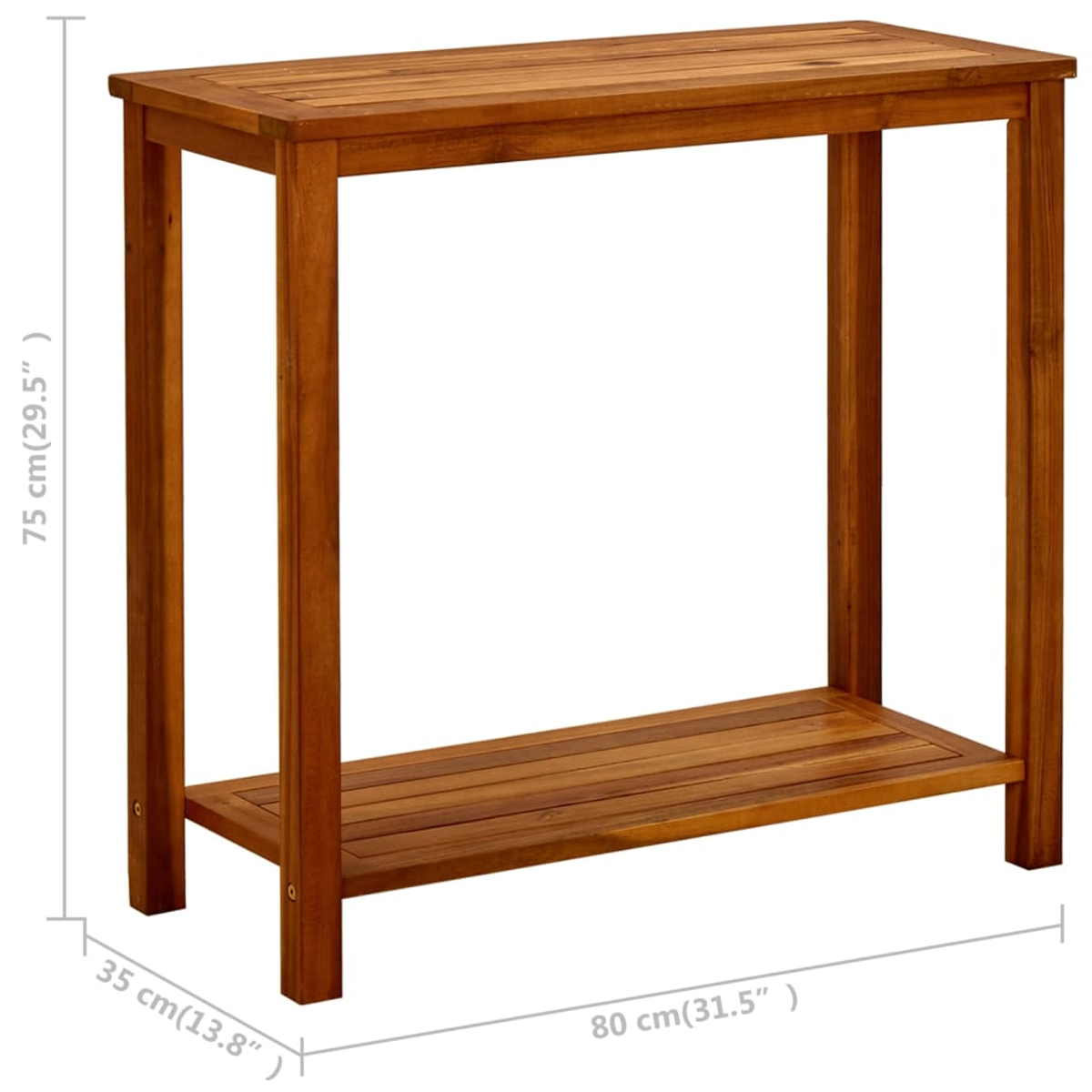 Ein Holztisch mit rechteckiger Ober- und unterer Ablage. Der Tisch ist braun, mit Abmessungen in Zentimetern und Zoll.