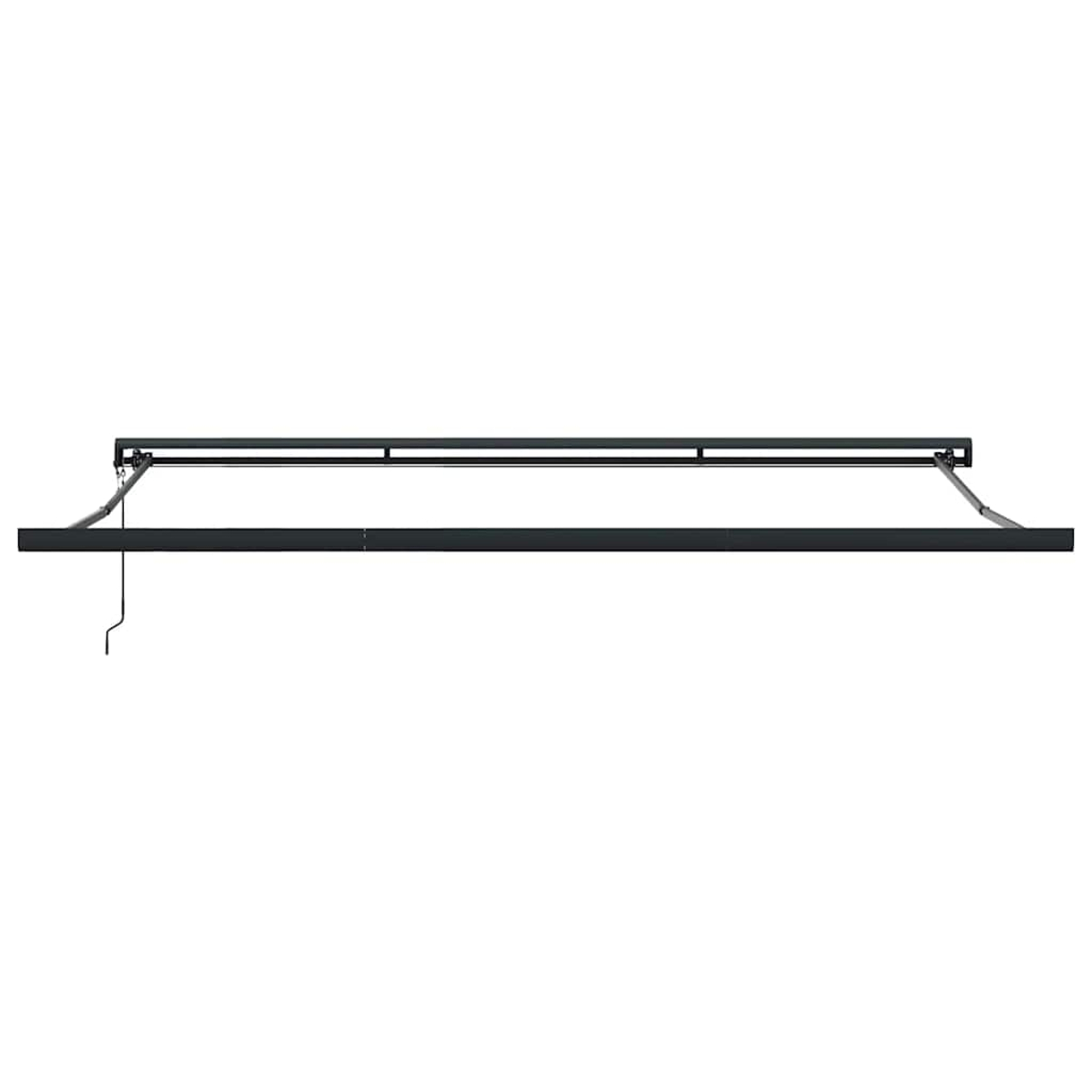 Si vede un telaio per tenda da sole nero, con una barra orizzontale e strutture di supporto, su sfondo bianco.