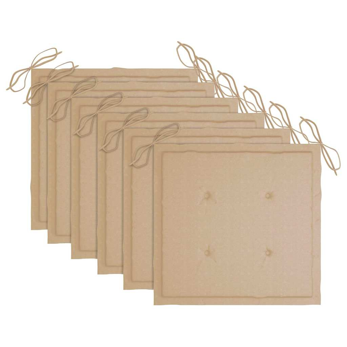 Sechs beige quadratische Sitzkissen, diagonal angeordnet. Jedes hat Bänder an den Ecken. Knöpfe sind auf der Vorderseite.