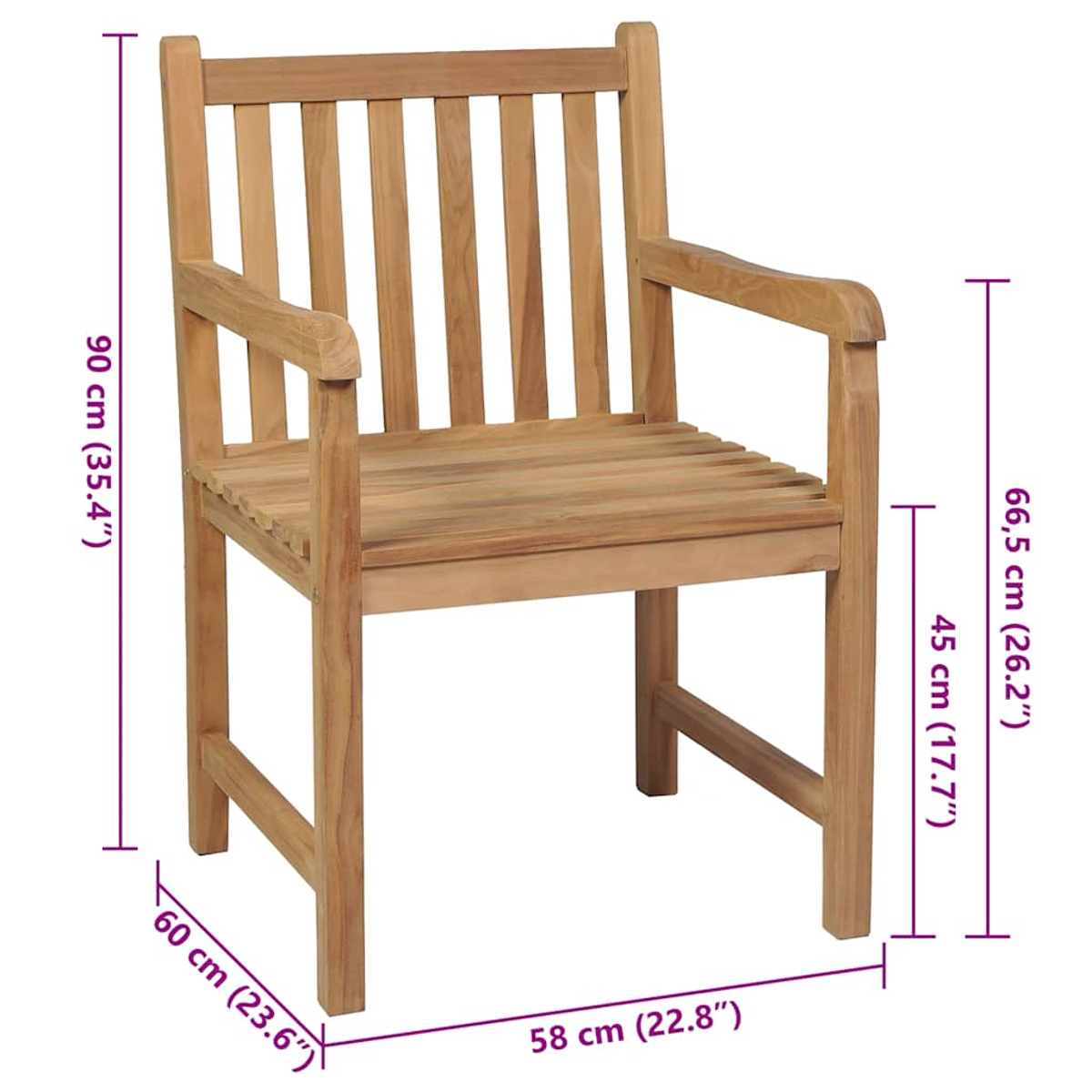 Ein Holzstuhl mit Armlehnen. Er hat eine Lattenlehne und -sitz. Abmessungen sind in cm und Zoll angegeben.