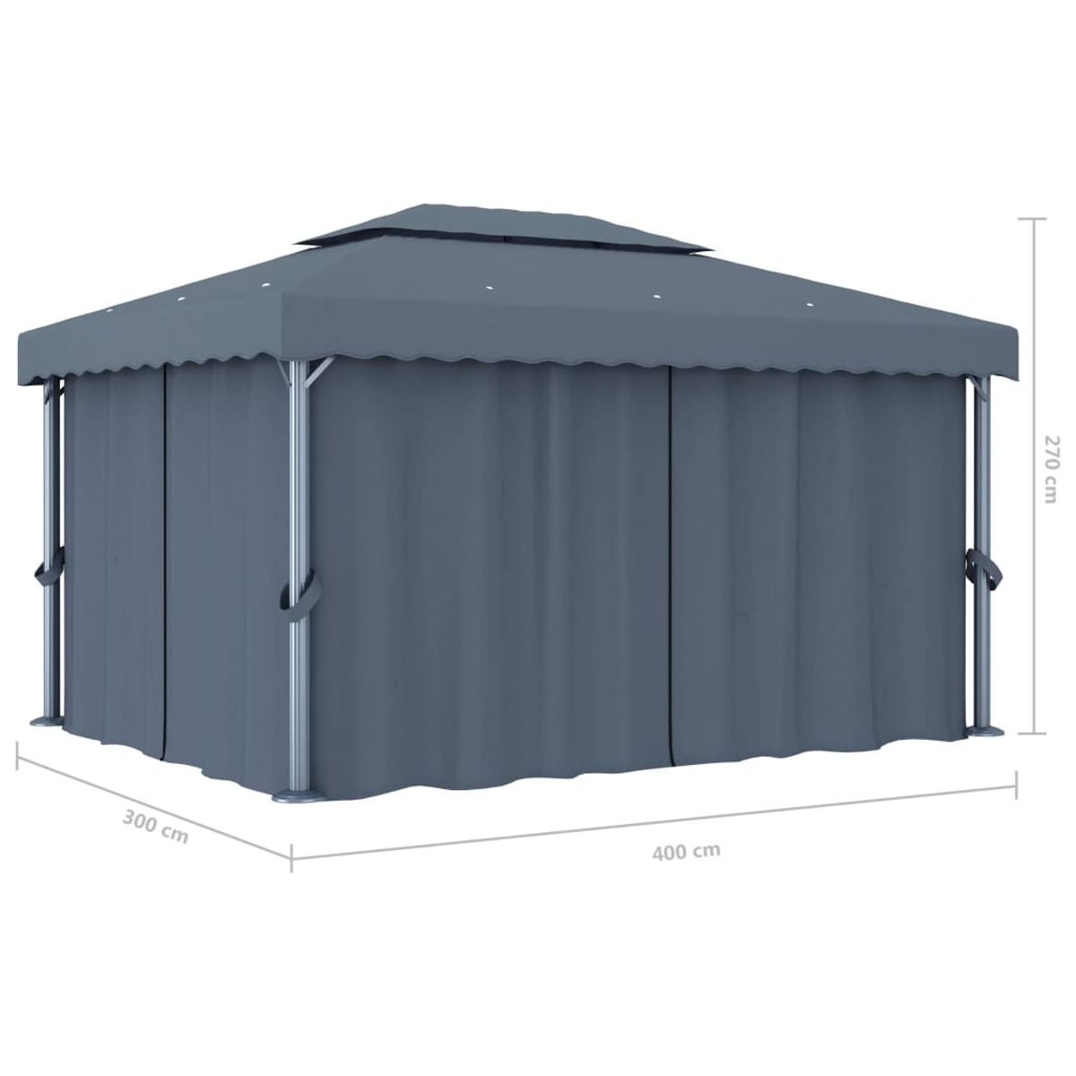 Ein grauer Pavillon mit Vorhängen wird gezeigt. Abmessungen sind beschriftet: 400 cm x 300 cm x 270 cm. Der Hintergrund ist weiß.