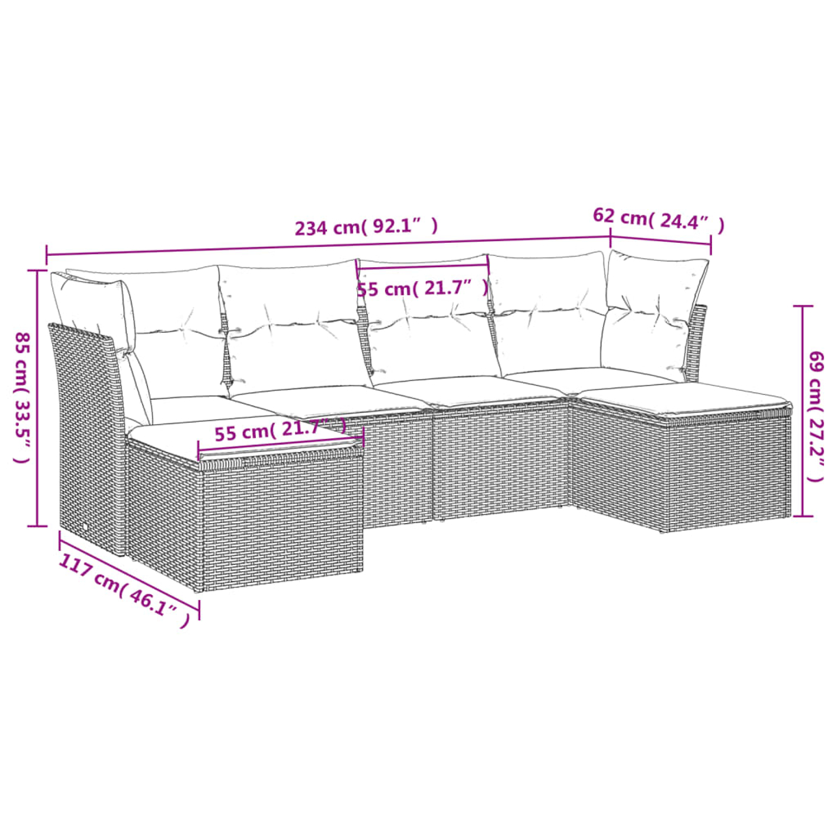 Ein geflochtenes Outdoor-Ecksofa mit Kissen. Abmessungen sind beschriftet.