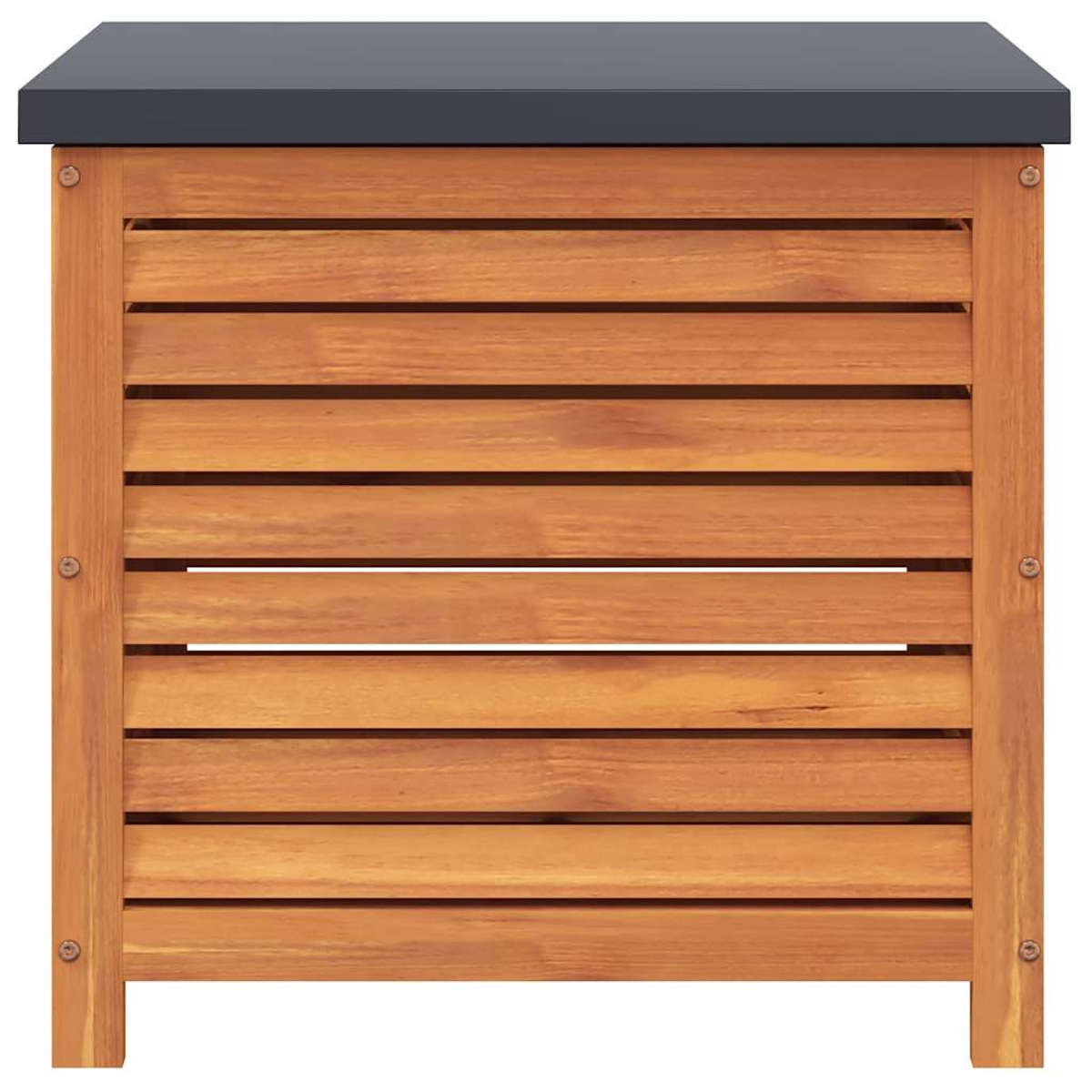 Eine hölzerne Aufbewahrungsbox mit dunkelgrauer Oberseite. Die Box hat horizontale Holzlatten und wird von vorne betrachtet.