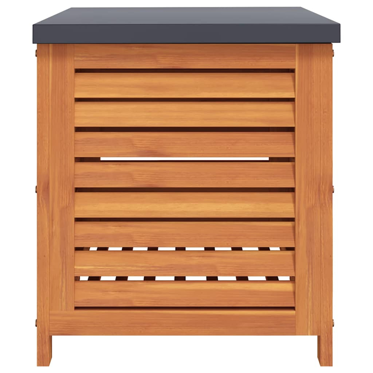 Ein Holzschrank für den Außenbereich mit grauem Deckel. Der Schrank hat horizontale Lamellen und sichtbare Holzmaserung.
