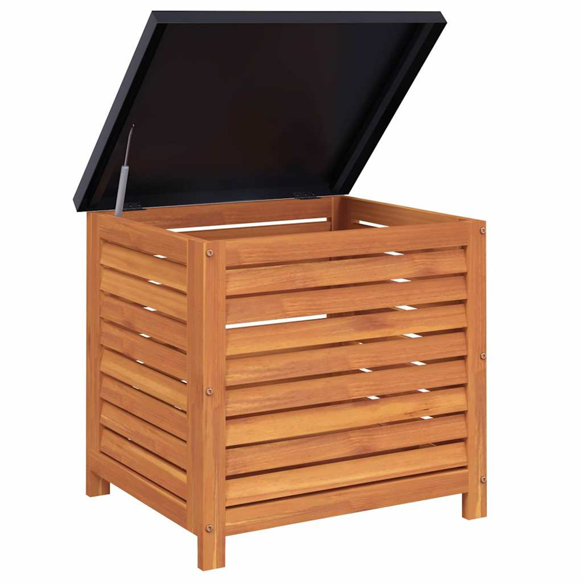 Holz-Aufbewahrungsbox mit offenem schwarzem Deckel. Die Box besteht aus horizontalen Holzlatten. Der Deckel ist mit einem Scharnier befestigt.
