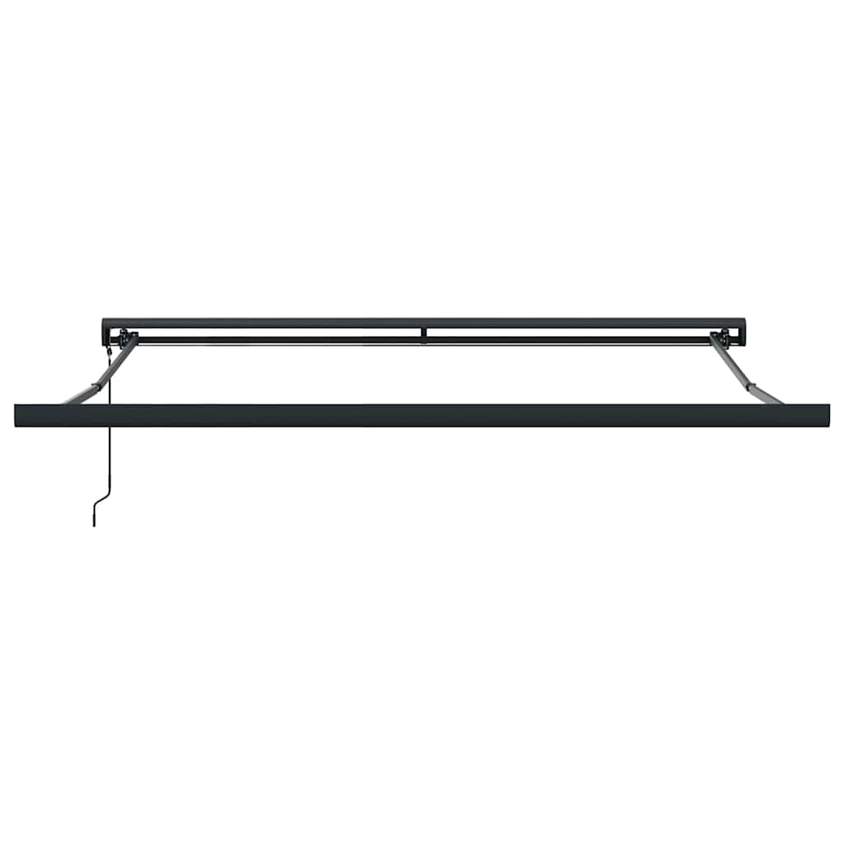 Una struttura di tenda in metallo grigio scuro su sfondo bianco. Ha una forma rettangolare con bracci di supporto curvi.