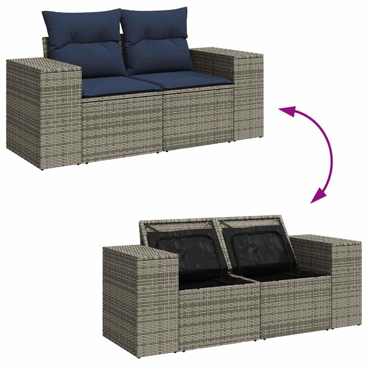 Ein zweisitziges Rattan-Sofa mit blauen Kissen wird gezeigt. Oben sind die Kissen, unten der Stauraum.