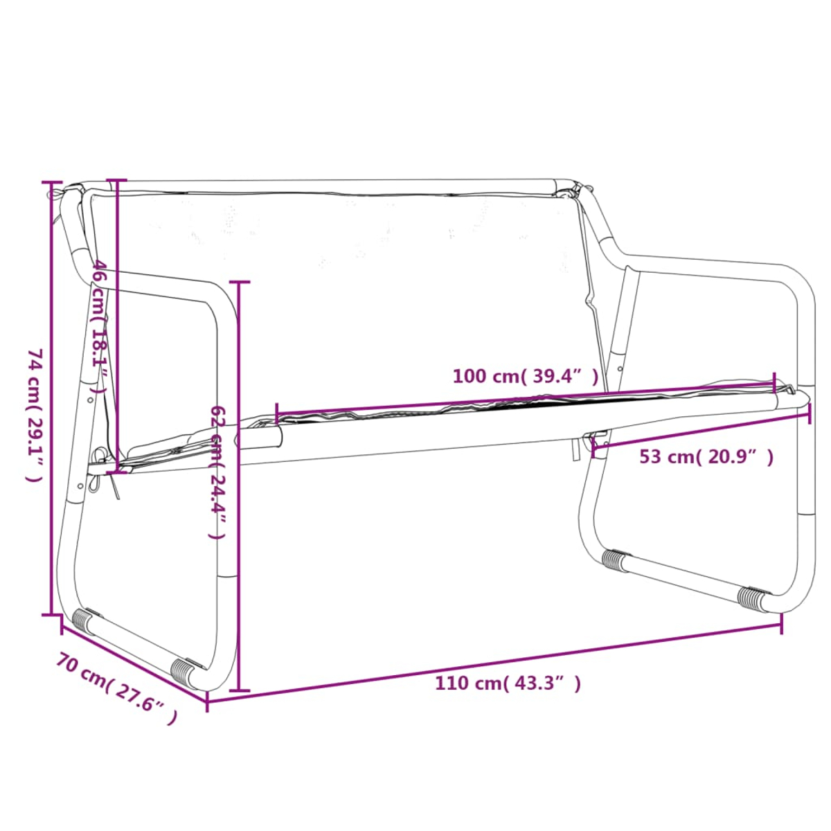 Diagramm einer Zweisitzerbank mit den Maßen: 110 cm lang, 74 cm hoch und 46 cm tief. Zusätzliche Messungen sind ebenfalls vorhanden.