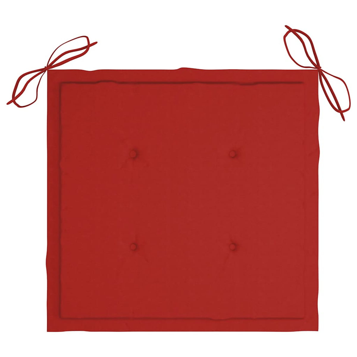 Ein quadratisches, rotes Kissen mit vier Knöpfen. Es hat Bindebänder an zwei Ecken. Isoliert auf weißem Hintergrund.
