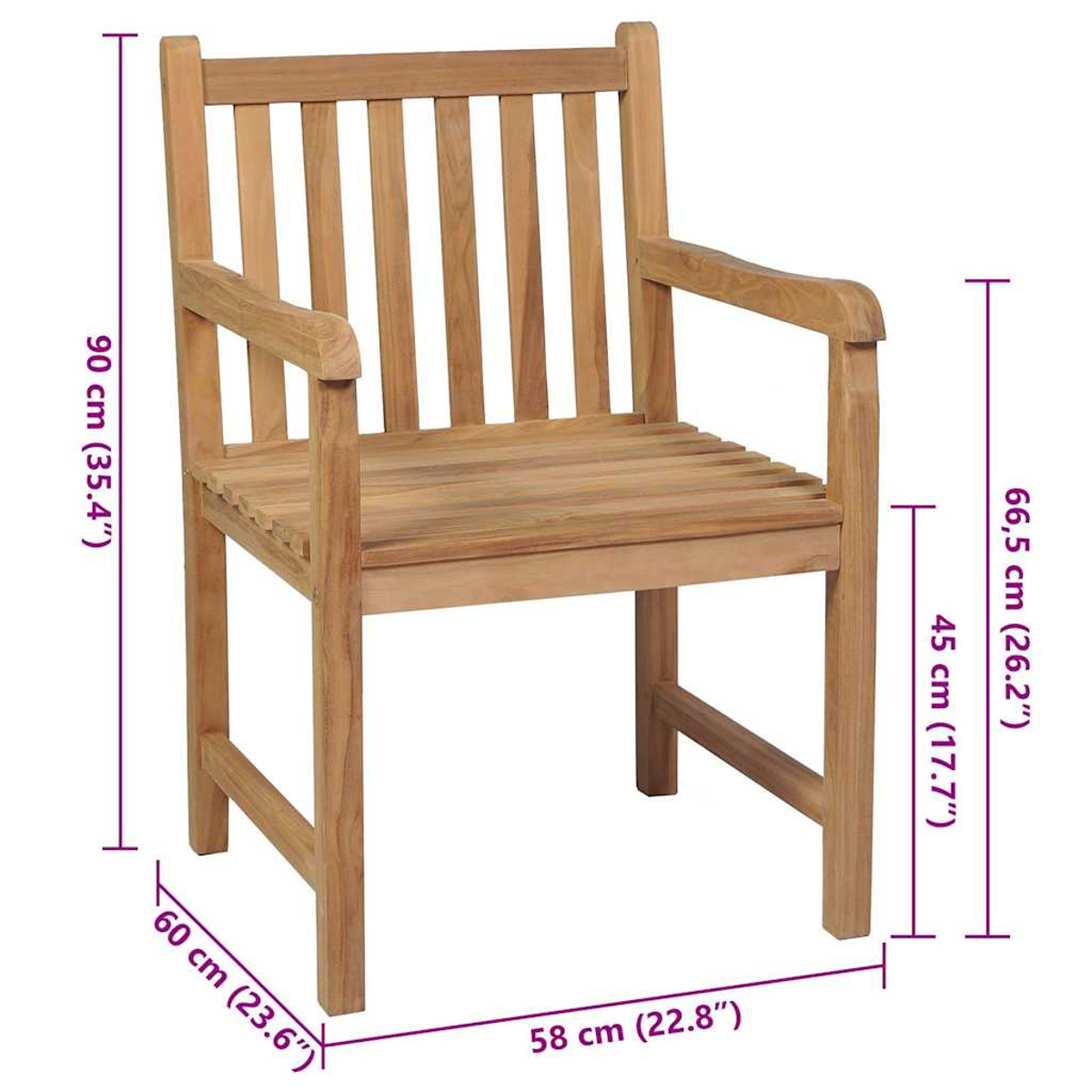 Ein Holzstuhl mit Armlehnen. Abmessungen sind mit Maßen in Zentimetern und Zoll angegeben.