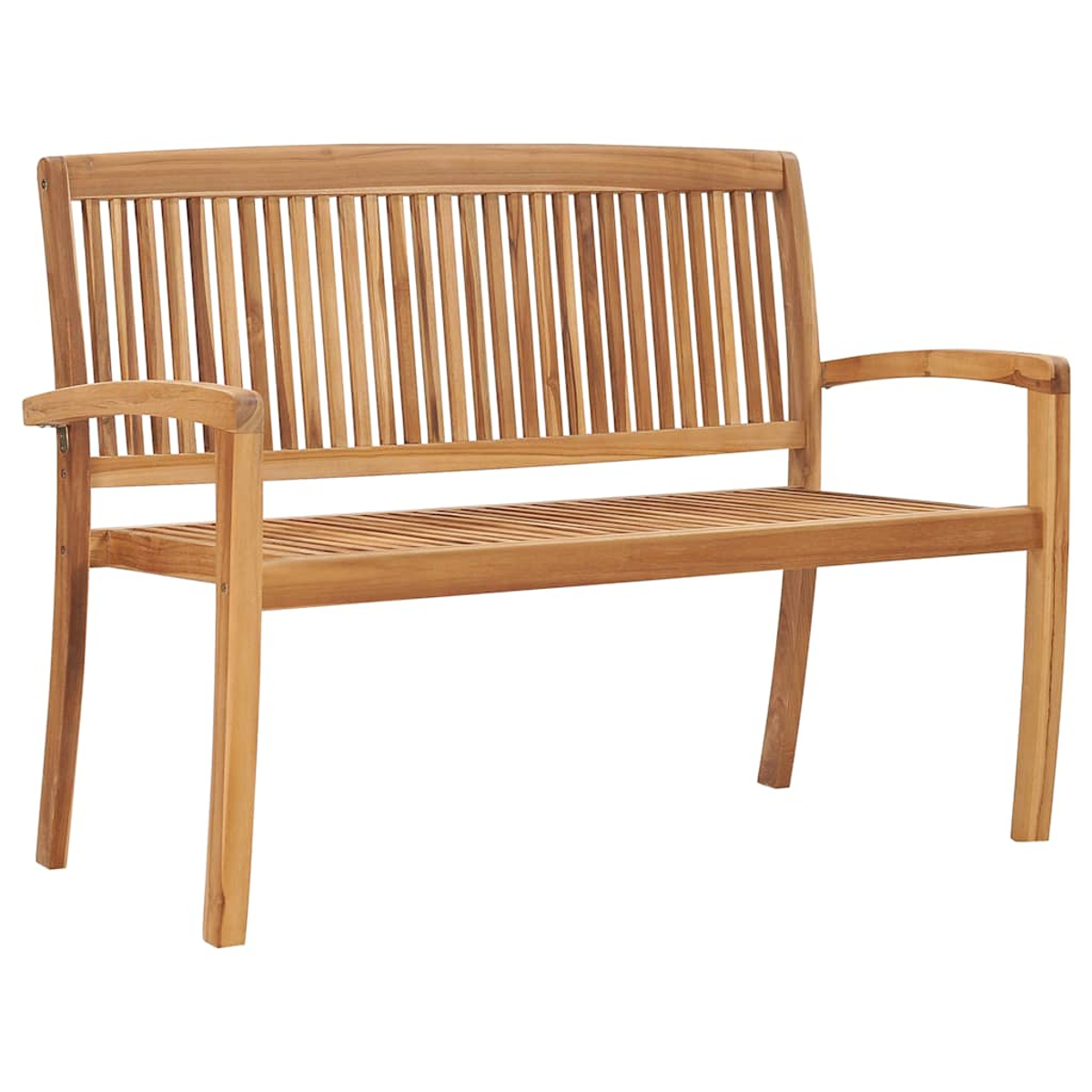 Holzbank mit Lattenrücken und -sitz, Armlehnen und vier Beinen. Das Holz ist hellbraun und scheint Teak zu sein.