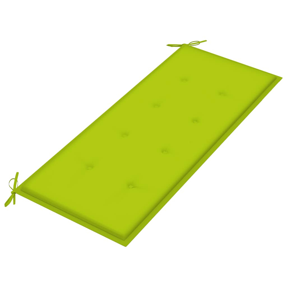 Ein rechteckiges, limettengrünes Kissen mit Knopfheftung und Bindebändern an zwei Ecken, vor weißem Hintergrund.