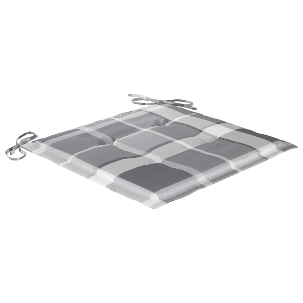 Ein quadratisches Kissen mit einem karierten Muster in Grau- und Weißtönen. Es hat Bänder an jeder Ecke.