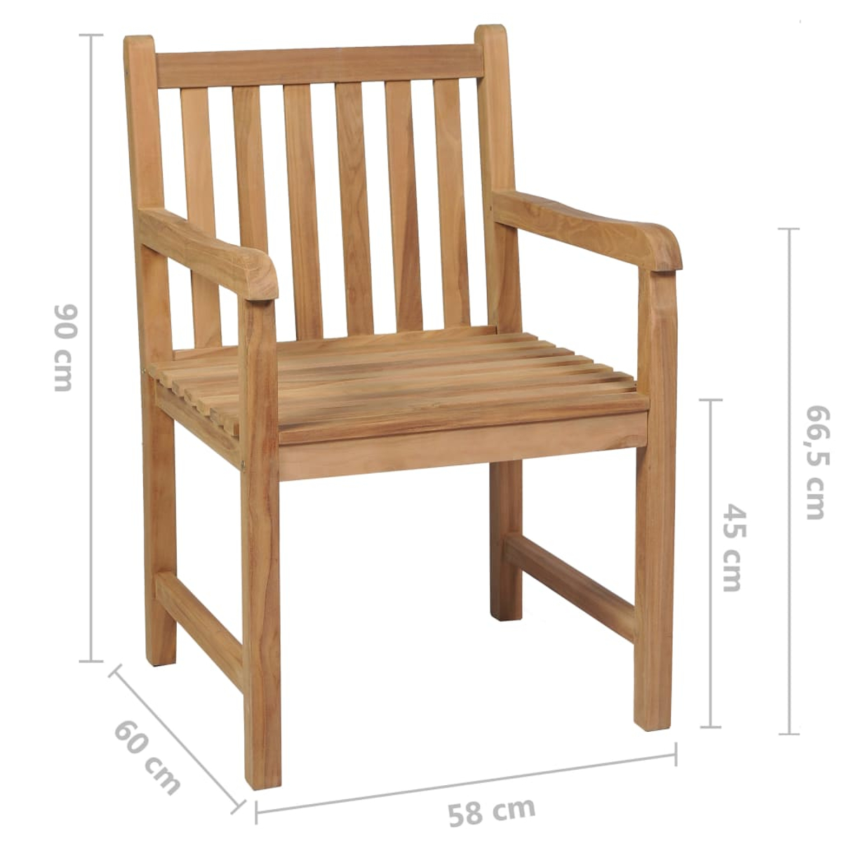 Sedia in legno con braccioli, dimensioni indicate. Colore marrone, doghe su seduta e schienale. Misure in cm.