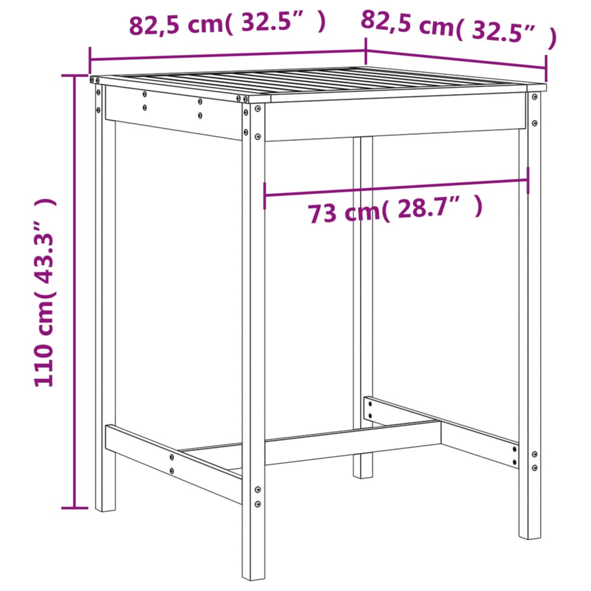 Diagramm eines hölzernen Bartisches. Abmessungen sind beschriftet: 82,5 cm Breite, 110 cm Höhe und 73 cm Seite. Die Struktur ist sichtbar.