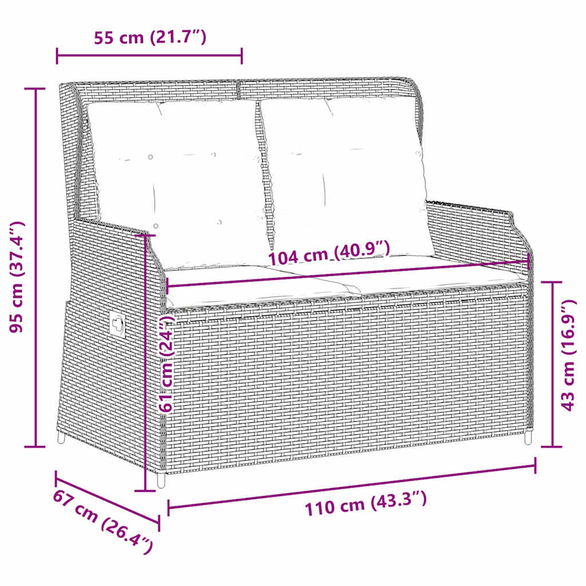 Un divano a due posti in vimini con dimensioni etichettate: altezza 95 cm, larghezza 110 cm, profondità 67 cm. Include cuscini e misure.