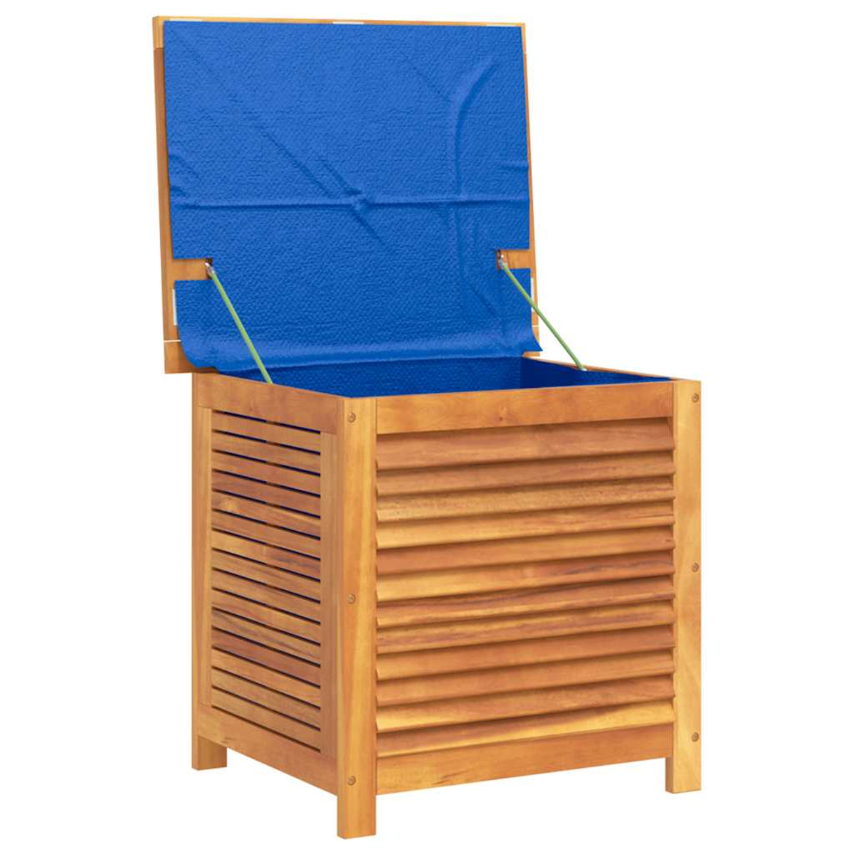 Holz-Aufbewahrungsbox mit blauem, offenem Deckel. Die Box hat ein Lamellendesign. Grüne Stangen halten den Deckel. Der Hintergrund ist weiß.