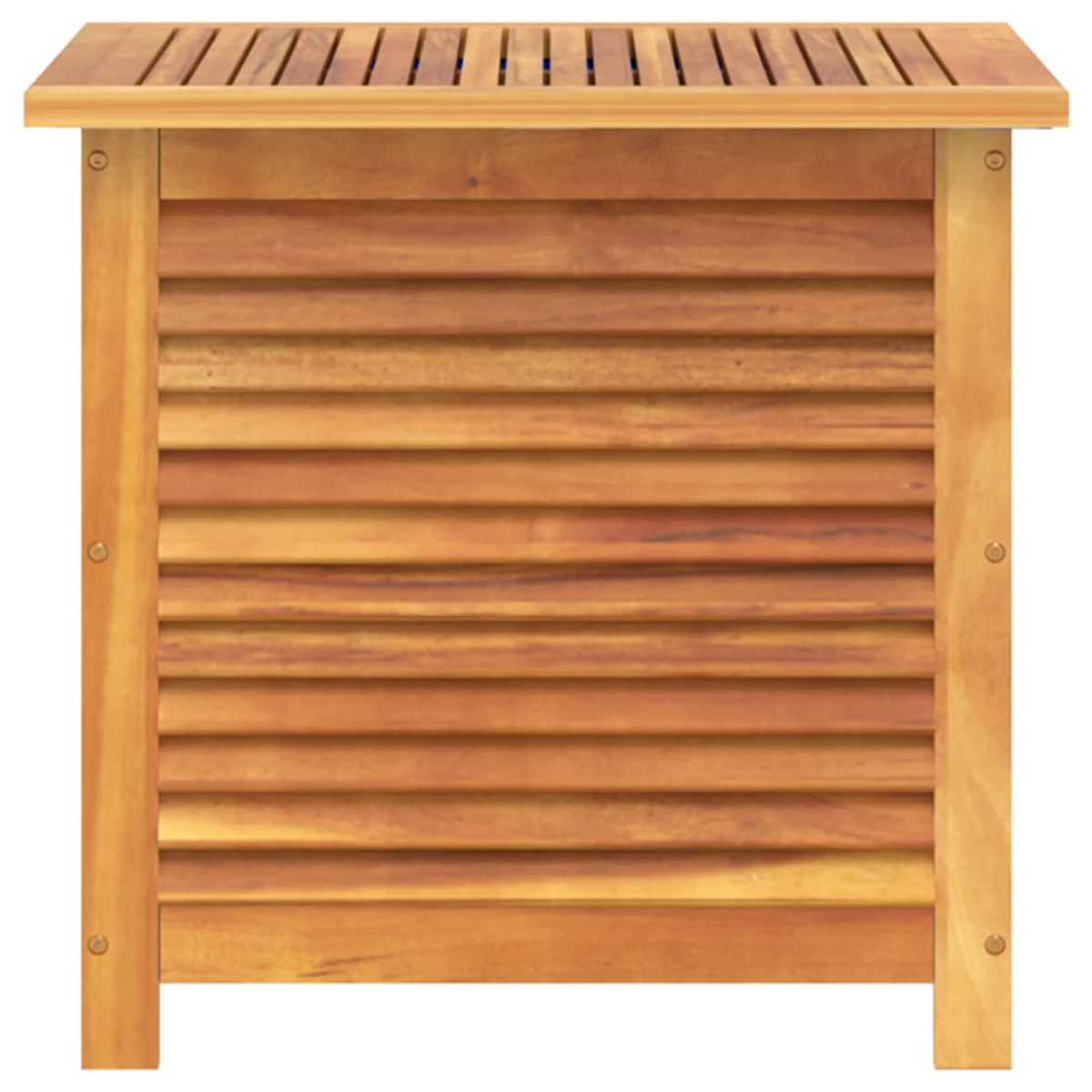 Holzschrank mit Lattenrost und Lamellenfront. Das Holz hat eine warme, natürliche Farbe.
