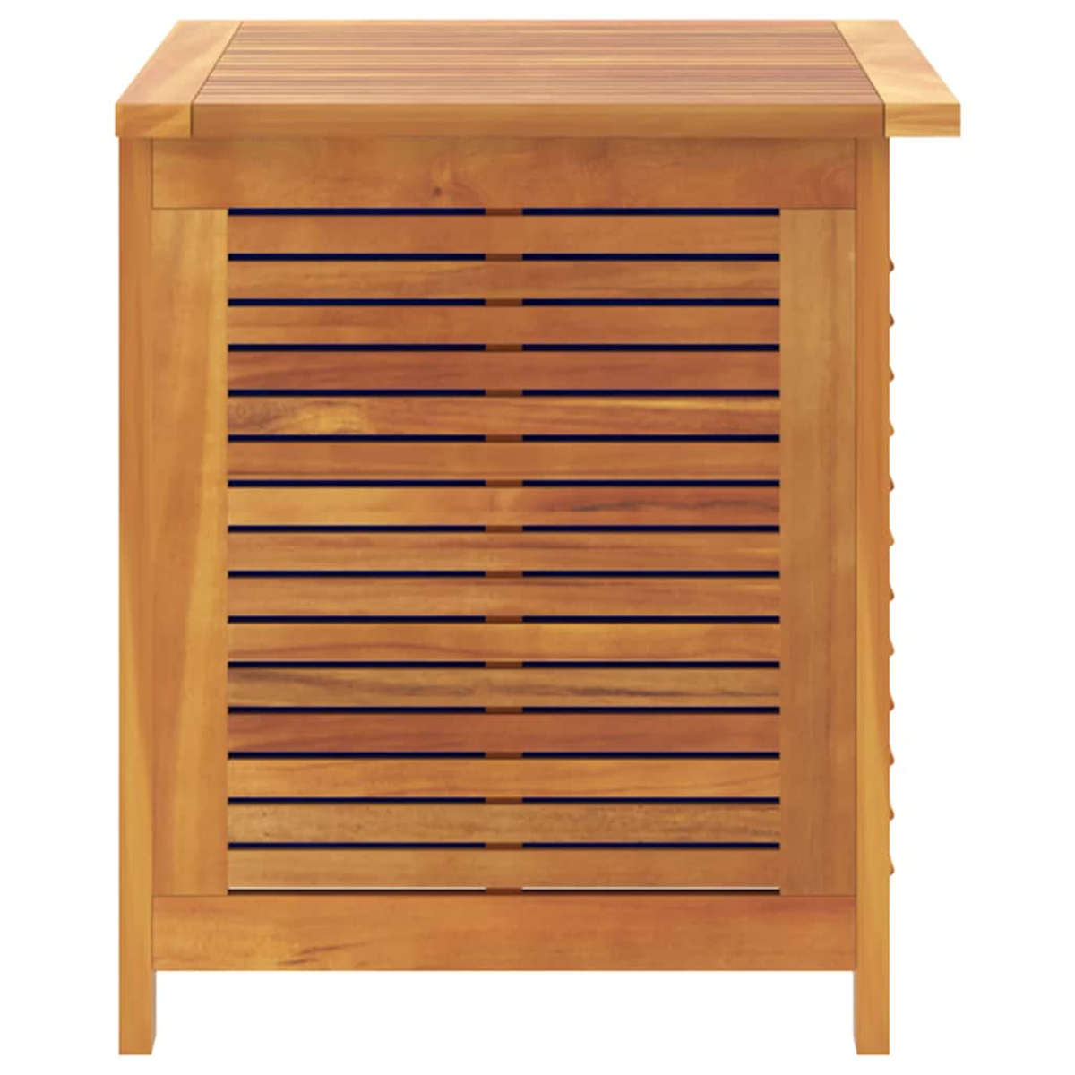 Holzschrank mit horizontalen Lamellen. Der Schrank ist braun mit flacher Oberseite und Beinen. Der Hintergrund ist weiß.
