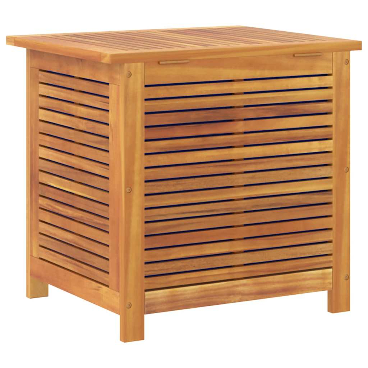 Eine Holzaufbewahrungsbox mit Lamellen an den Seiten und einer flachen Oberseite. Es besteht aus hellbraunem Holz und hat ein schlichtes Design.