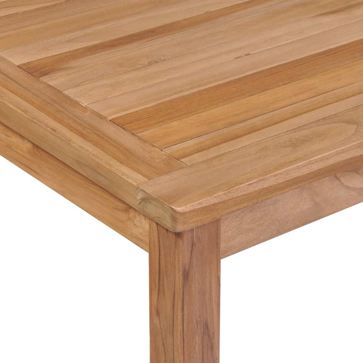 Nahaufnahme einer Holztischecke. Der Tisch besteht aus hellbraunen Holzplanken. Ein Bein stützt die Ecke, ebenfalls aus Holz.