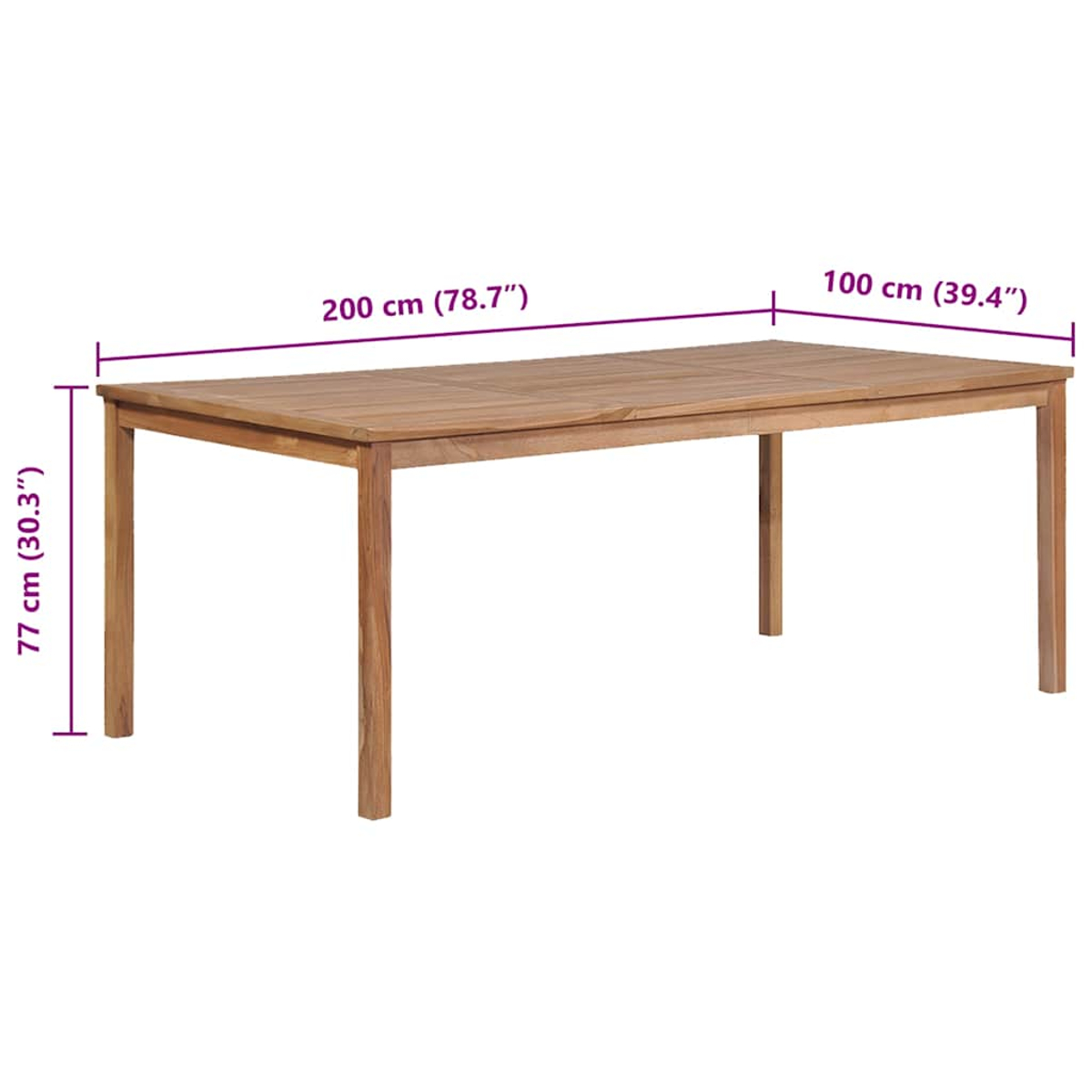 Ein rechteckiger Holztisch wird angezeigt. Die Abmessungen sind beschriftet: 200 cm lang, 100 cm breit und 77 cm hoch. Der Tisch hat vier Beine.