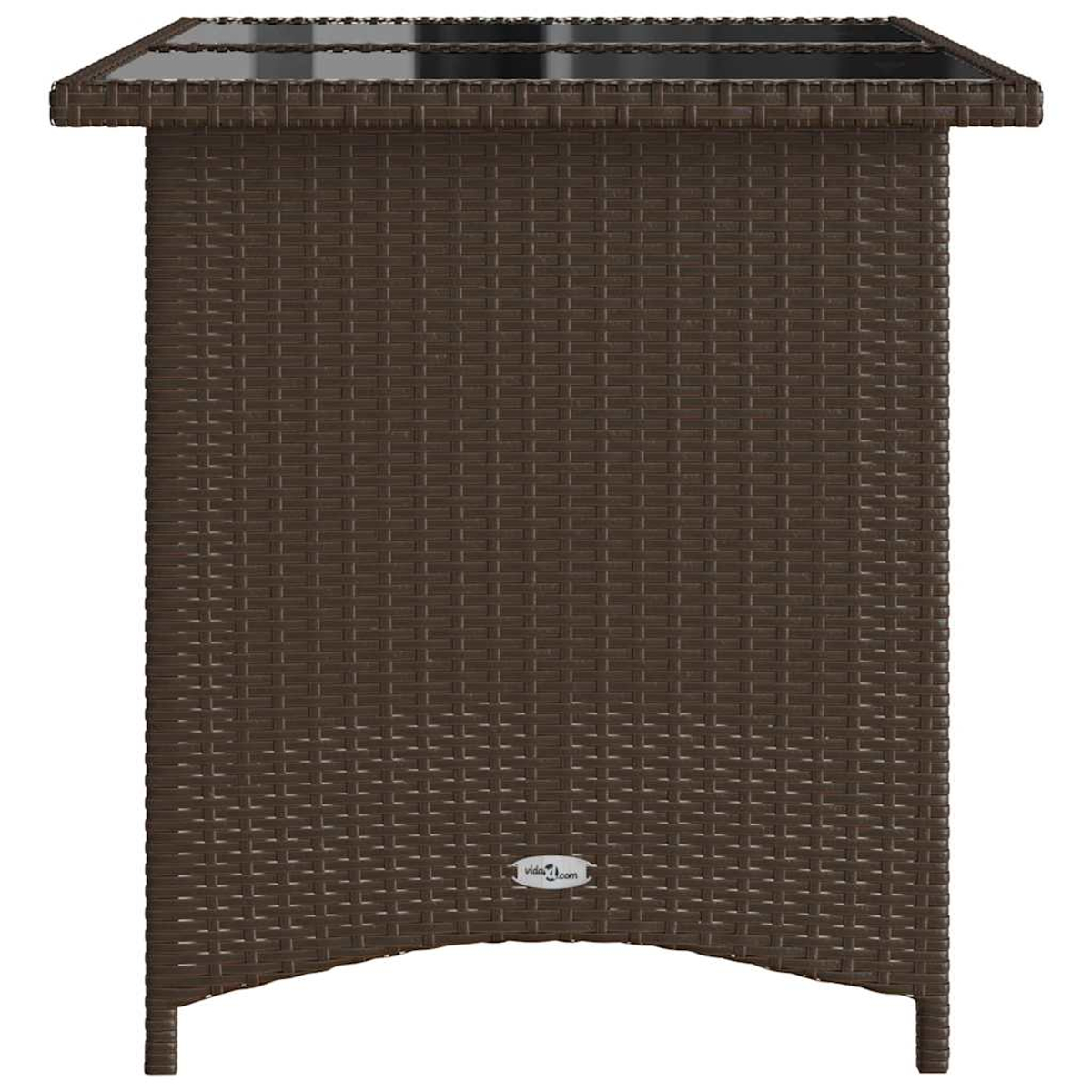 Ein brauner Outdoor-Tisch aus Korbgeflecht mit dunkler Glasplatte. Der Tisch ist rechteckig und hat ein vidaXL-Logo.