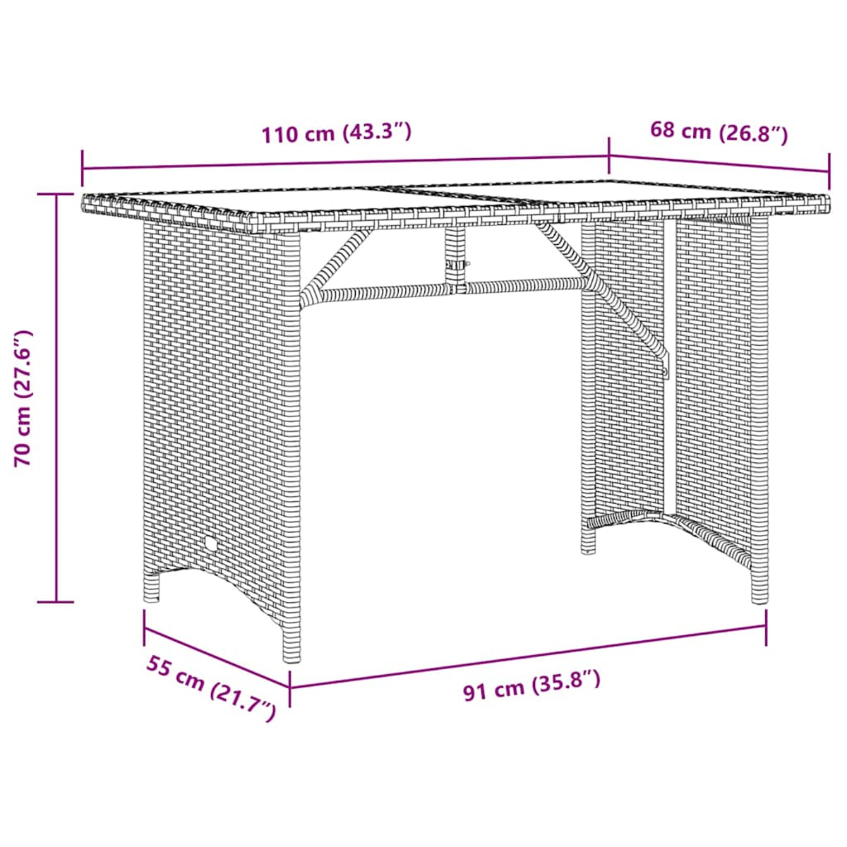 Ein brauner Outdoor-Tisch aus Korbgeflecht. Abmessungen sind beschriftet: 110 cm x 68 cm und 70 cm Höhe. Beine sind 55 cm x 91 cm.