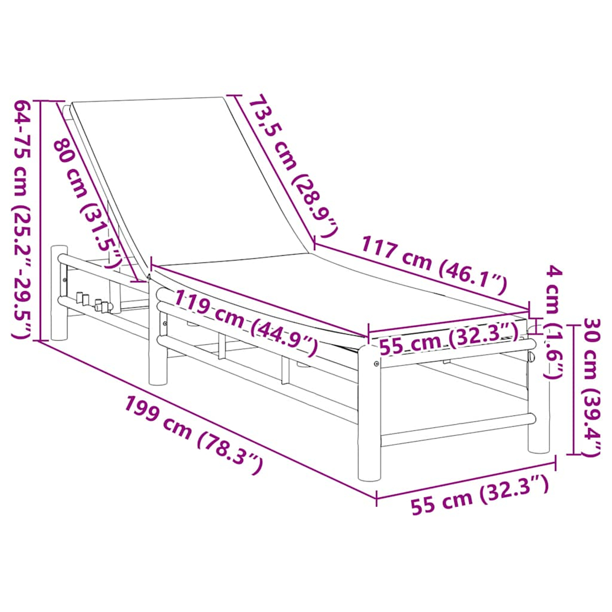 Lettino prendisole in legno con misure in cm e pollici. Le dimensioni includono altezza, larghezza e lunghezza, etichettate con testo e frecce.