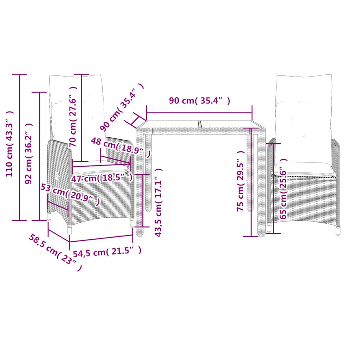 Diagramma di un tavolo in vimini e due sedie con dimensioni in centimetri e pollici.