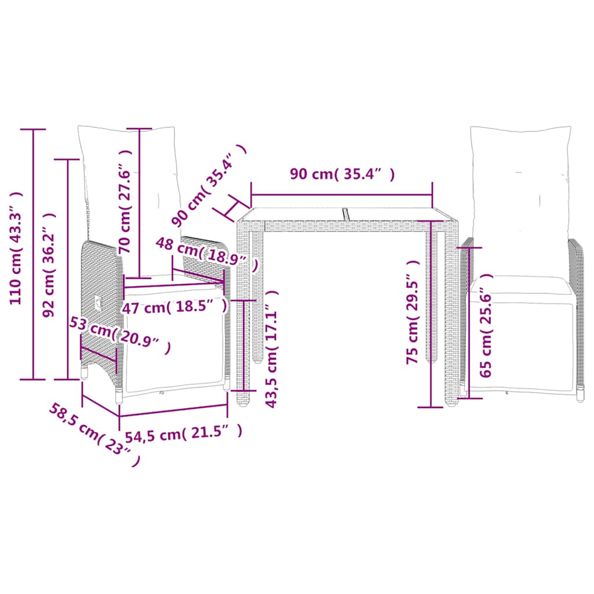 Diagramma con le dimensioni di mobili da esterno: due sedie e un tavolo. Misure in cm e pollici etichettate per ogni pezzo.