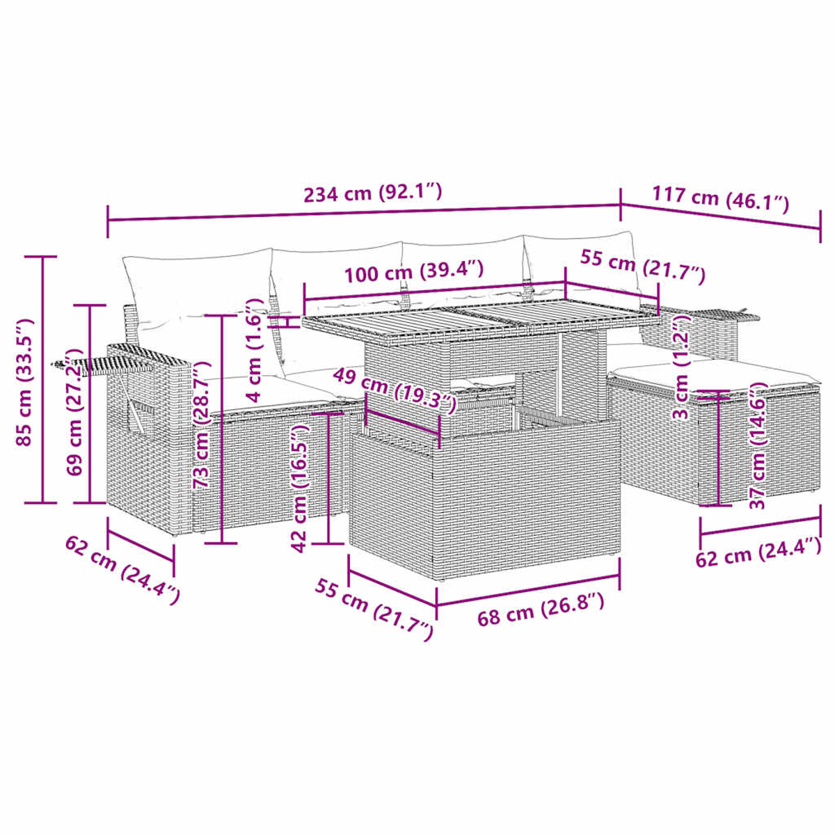 Diagramm eines Rattan-Gartenmöbelsets mit Abmessungen in Zentimetern und Zoll. Enthält Sofa, Tisch und Ottoman.